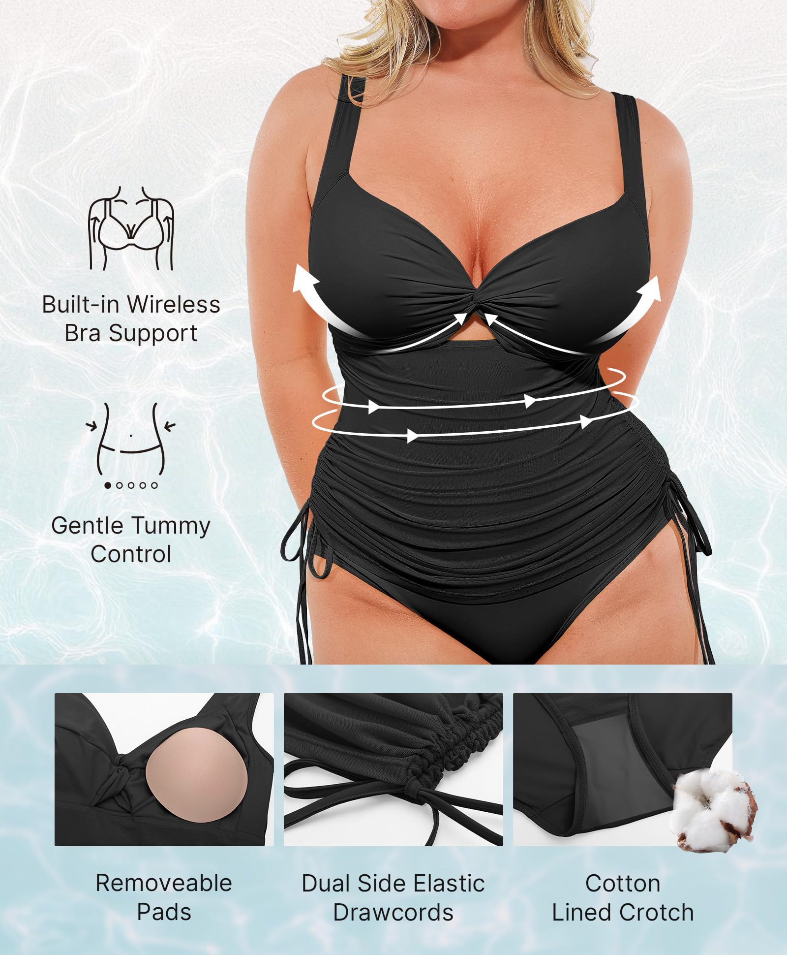 SHAPELLX Tummy Control One Piece Swimsuit with Mesh Wrap Skirt Swim Dress | Full Coverage Bathing Suit Versatile 3-in-1 Design with Integrated Cover-Up Removable Pads Front Twist Cutout Wide  product thumbnail 5