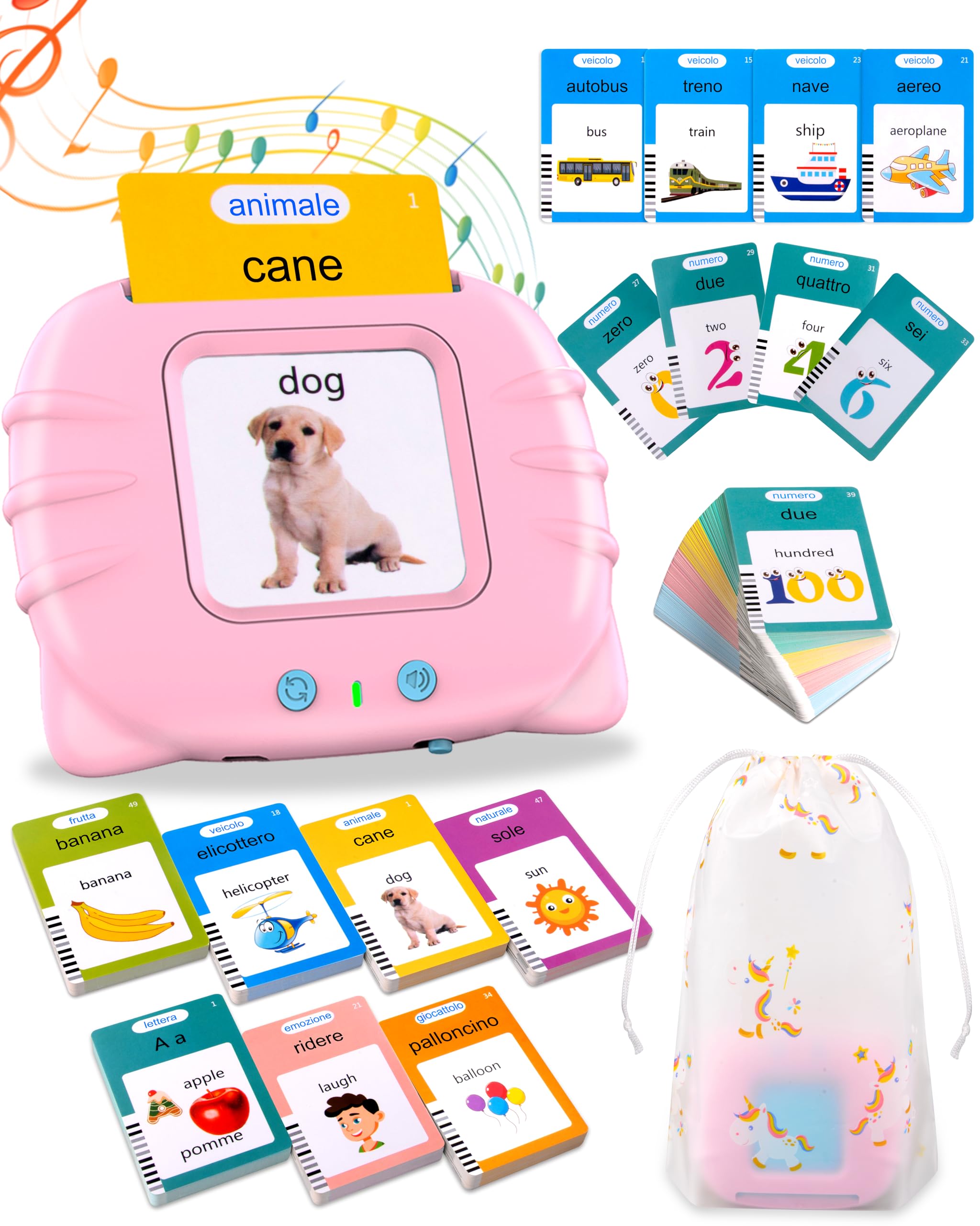 Xtaco flashcards bambini italiano, 510 parole giochi montessori 2 anni, educativi prescolari Lingua Imparare a parlare Colori Numero Animali Rosa(Italiano/Inglese/Bilingue)