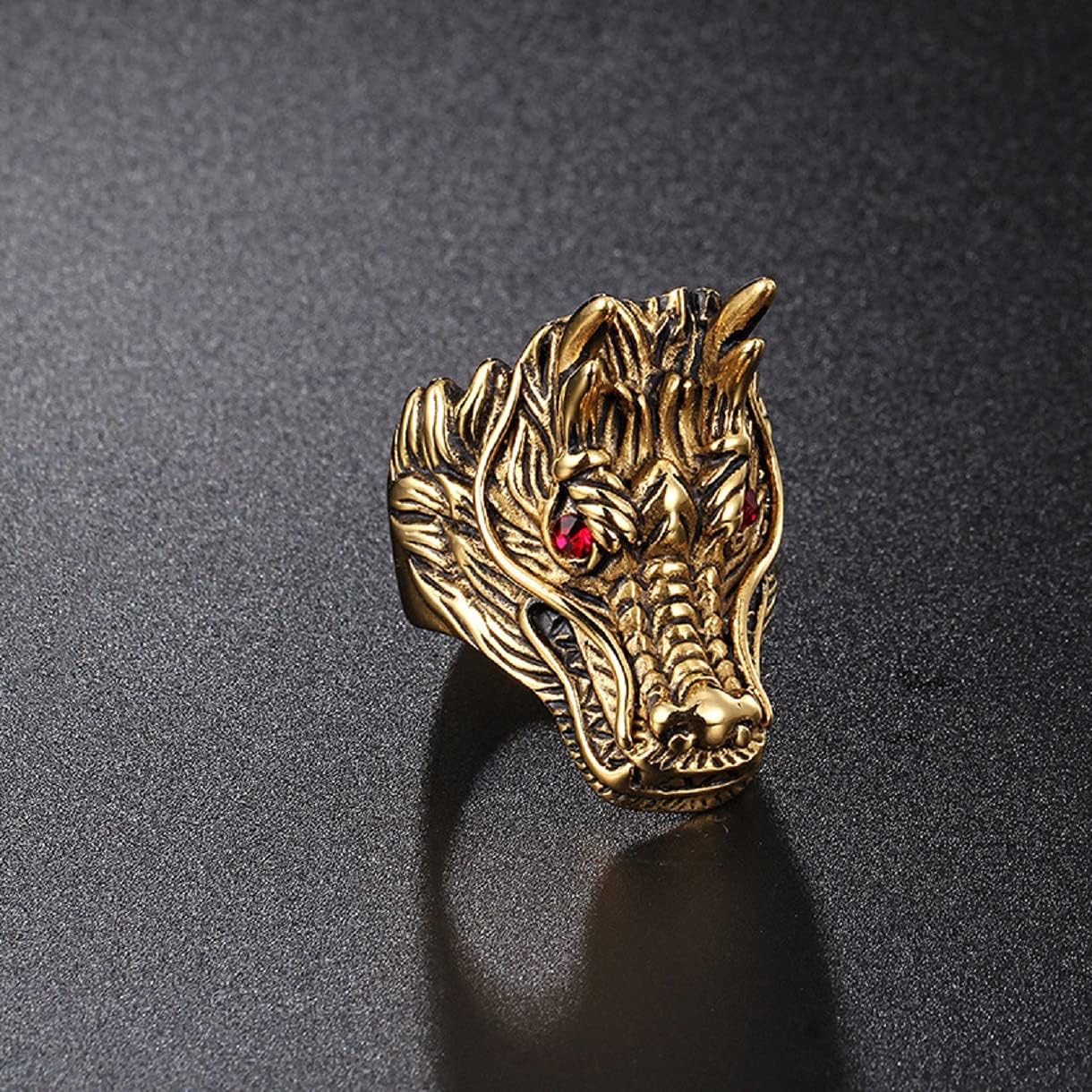 Dragon Ring,Gold Dragon Head Ring for Men, Gothic Ruby Eye Gold Dragon Ring Stainless Steel Punk Dragon Red Stone Ring for Men - Image 4