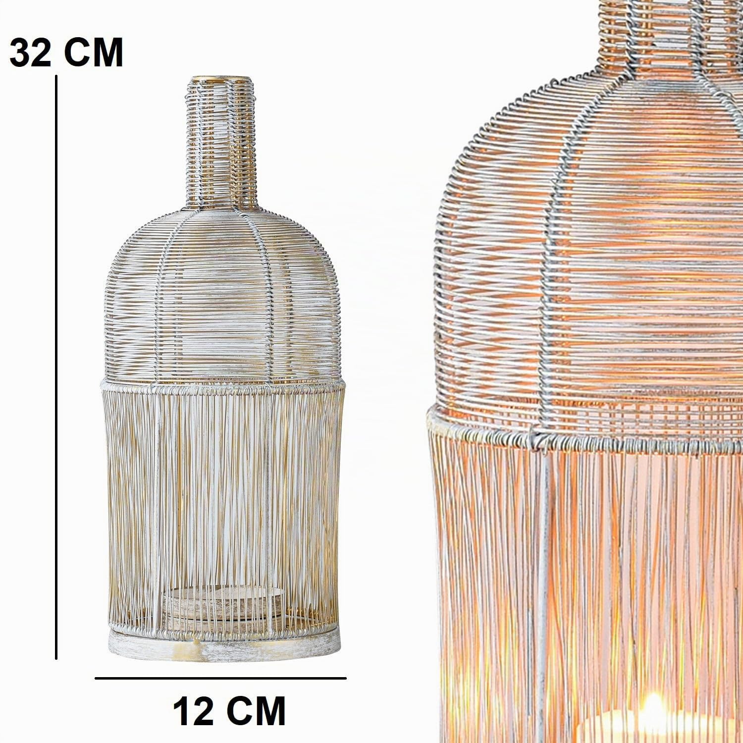 2er Set Boho Windlicht Laterne Preston aus Metall in Weiß Gold 32 cm