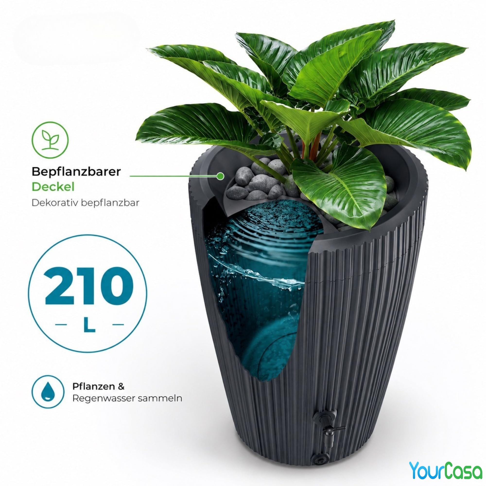 YourCasa Regentonne 210 Liter [EcoVase] mit Wasserhahn - Bepflanzbar - Regenfass Frostsicher Kunststoff - Regenwassertonne - Regenwassertank Garten Wassertank Regensammler (Anthrazit)