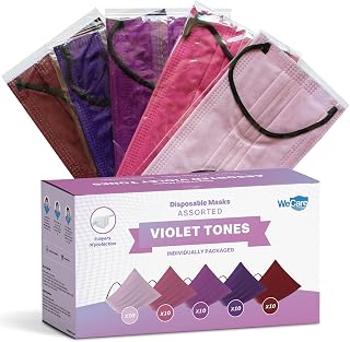 WeCare Disposable Face Mask Individually Wrapped - 50 Pack, Violet Print Colored Masks - Matching Kids and Adult 3 Ply Masks