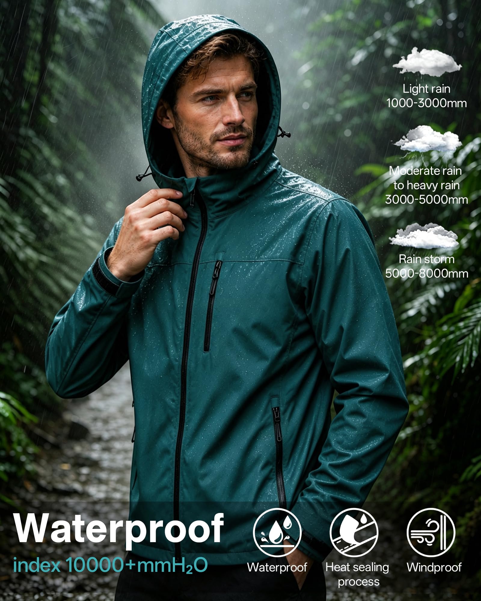 Chaqueta Softshell impermeable transpirable para hombre Chaqueta de lluvia ligera Cortavientos Packable Impermeable para bicicleta con capucha
