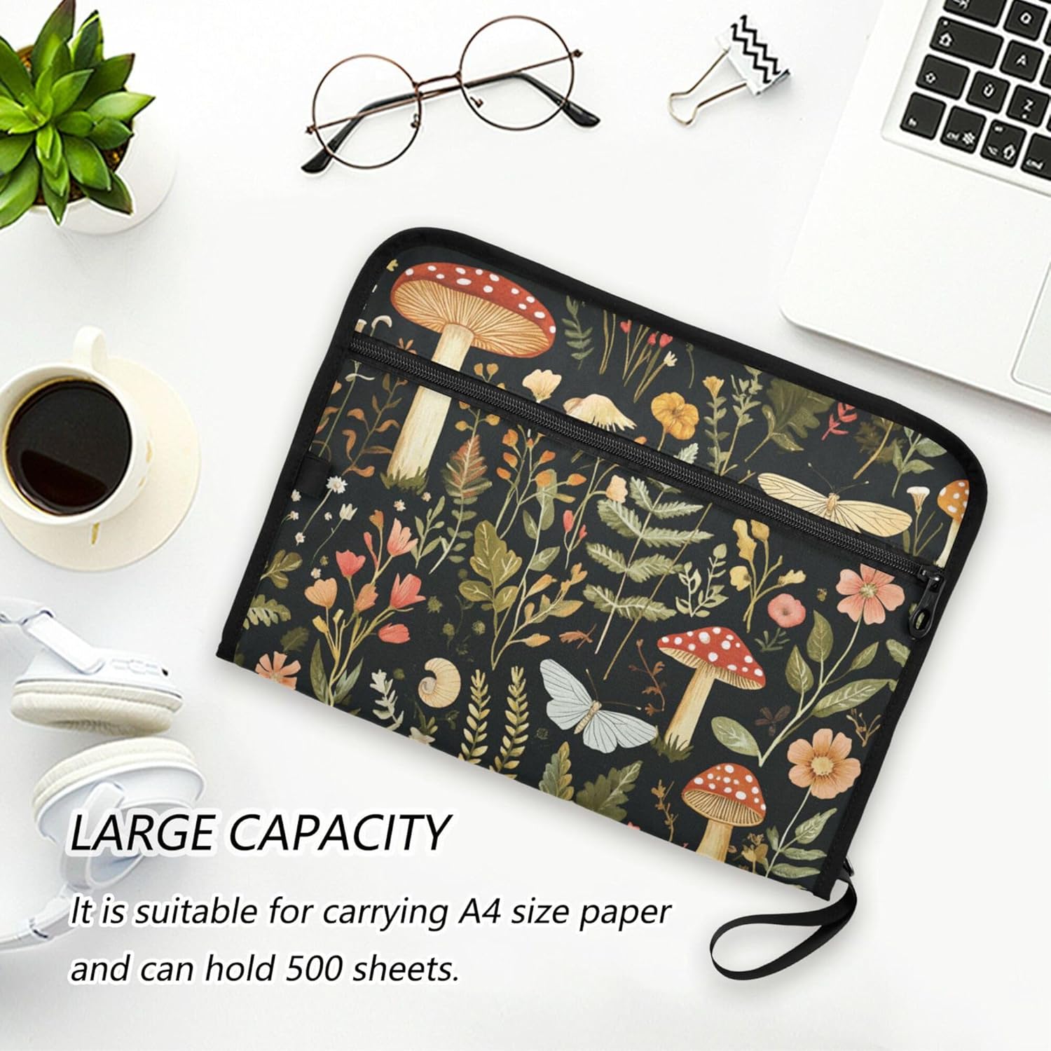 Mushroom Botanical Dragonflies Butterflies Expanding File Folder with Sticky Labels, 13 Pockets Accordion File Folder Document Organizer Expandable Zip File Folder with Zipper Closure