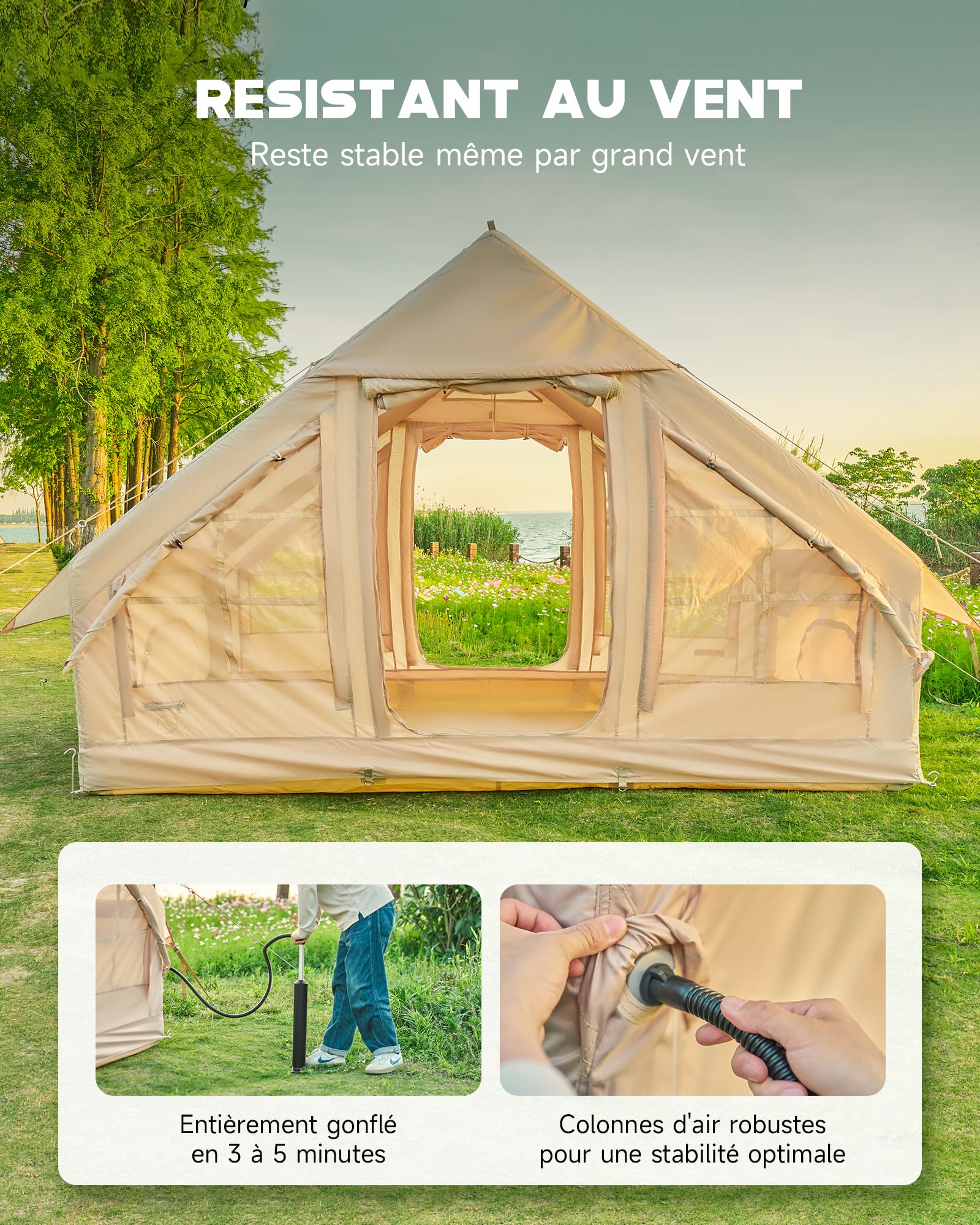 DARTMOOR Tente Gonflable 4-6 Personnes Tente de Camping Randonnéed Double Porte 4 Saisons Tissu Oxford Résistant au Vent Imperméable Extérieur Facile à Installer avec Pompe à Air et Sac de Transport