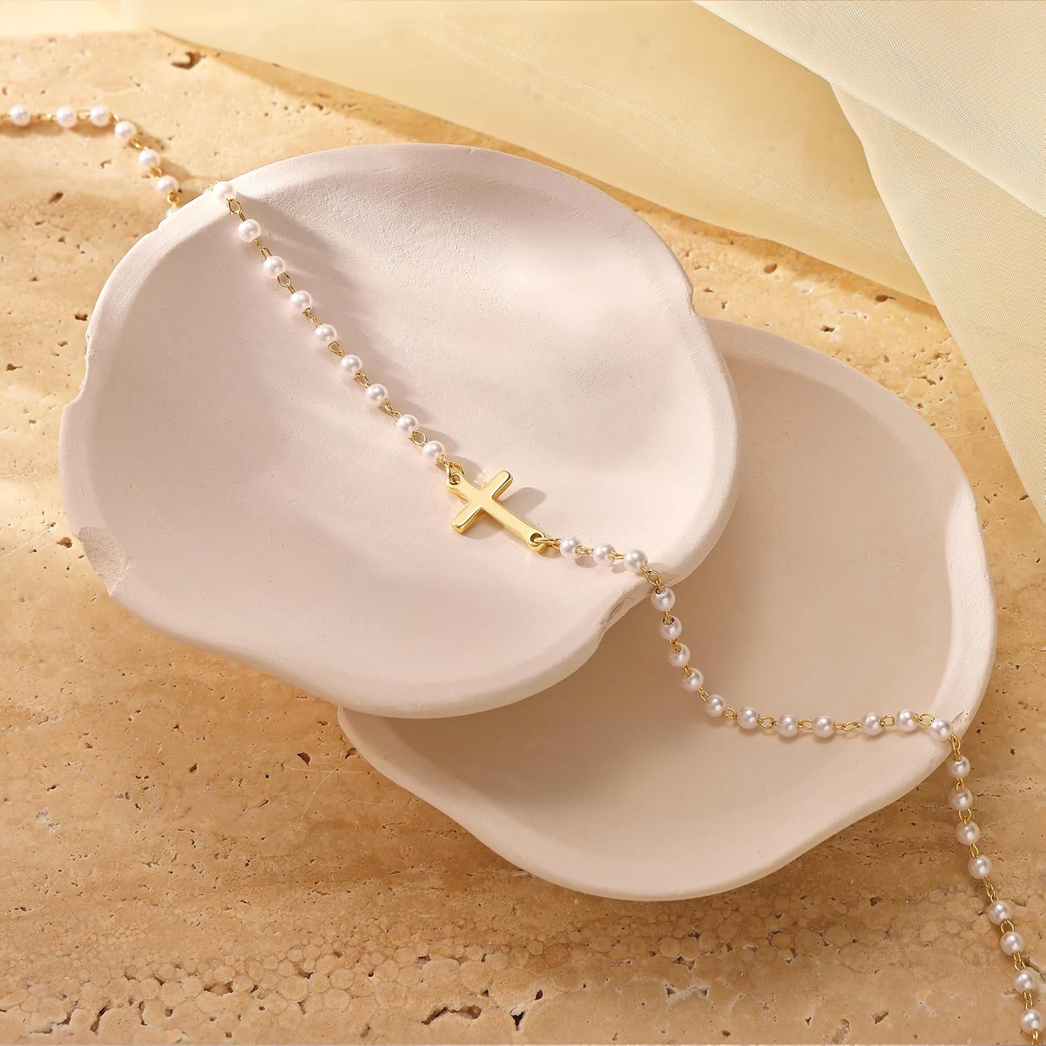 Tewiky 14K Gold Plated Cross Necklace for Women, Gold Pearl Necklace with Cross Pendant Dainty Cross Choker Necklace Trendy Faith Jewelry Religious Gifts - Image 8