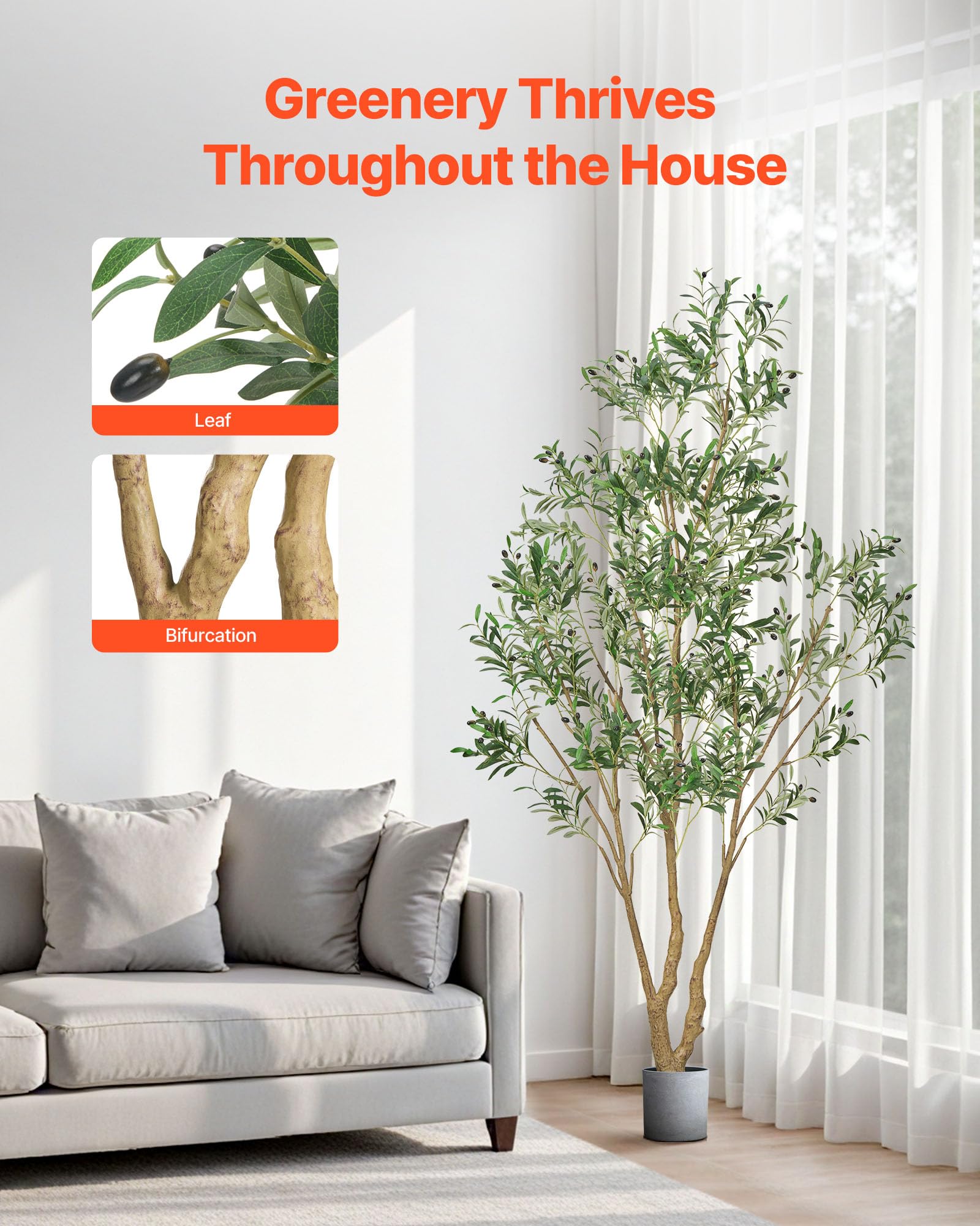 VEVOR Arbre Artificiel 2,4 m Olivier avec Pot Noir Faux Arbre Décoration Intérieur