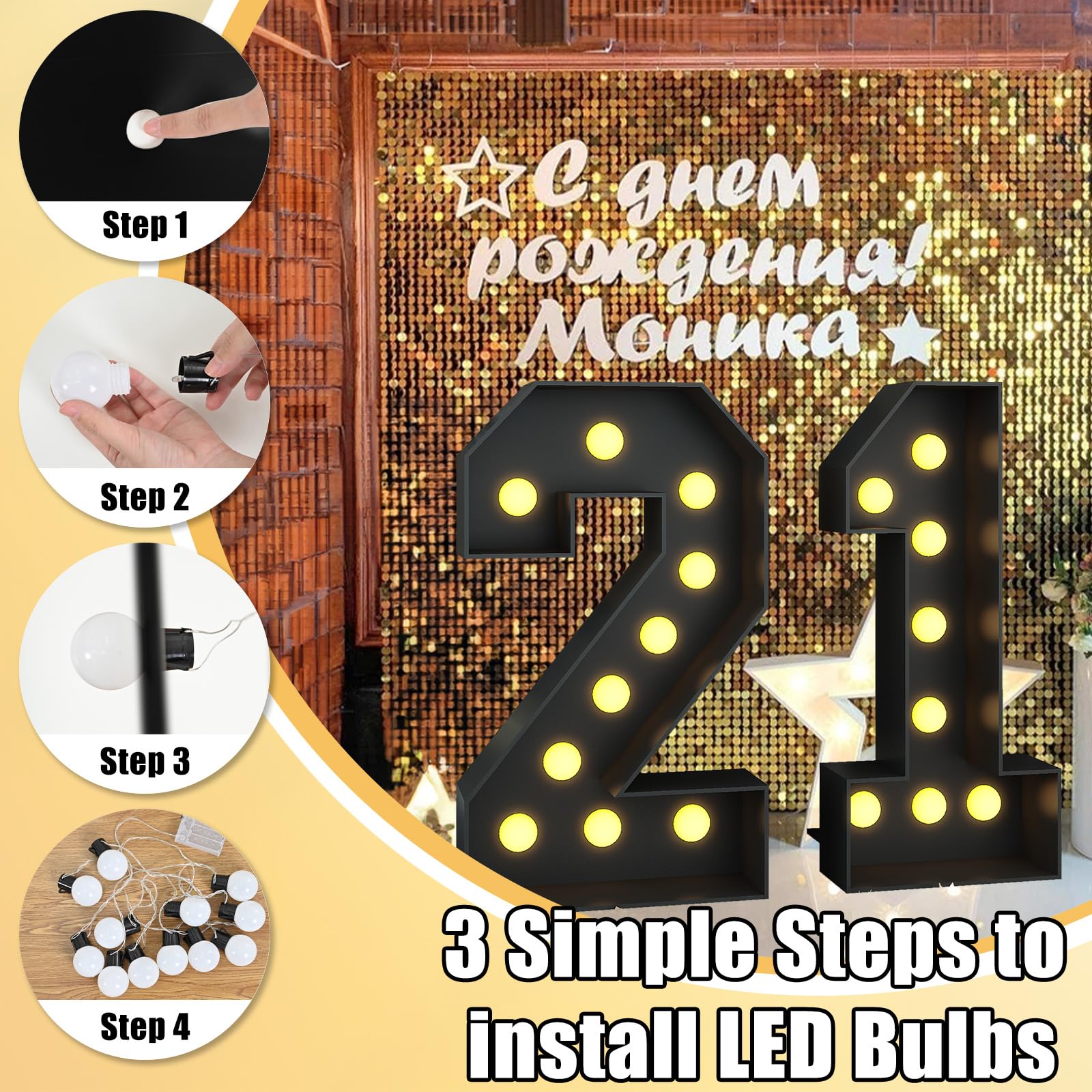 4FT Marquee Light up Numbers 21 Large Black Marquee Numbers for 21st Birthday Decorations Mosaic Numbers Frame Giant Cardboard Numbers with Light Bulbs Pre-Cut Cut-Out Foam Board DIY Anniversary Decor