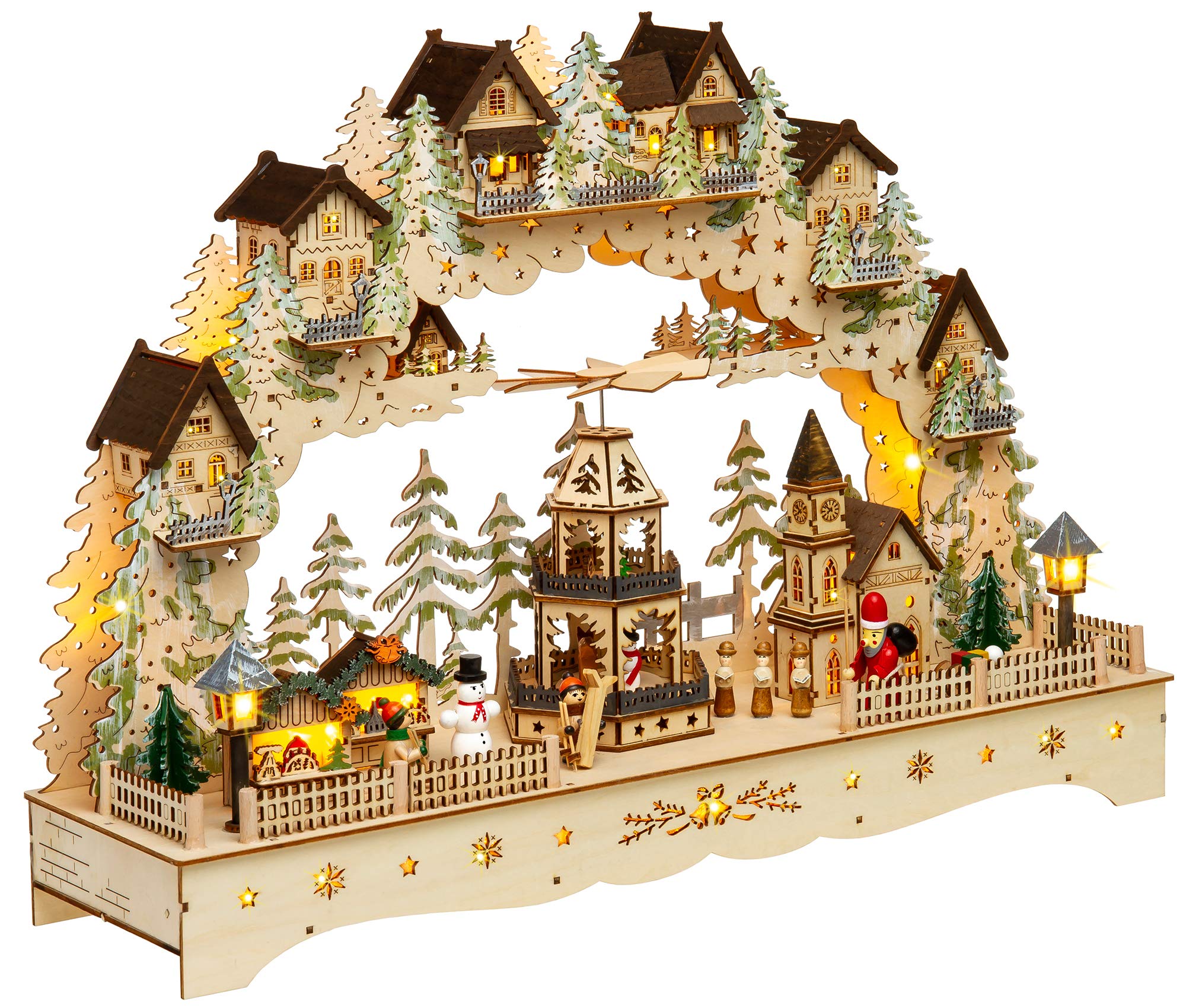 SIKORA LB07 beleuchteter LED XXL Holz Schwibbogen WEIHNACHTSDORF mit drehender XL Pyramide inklusive Trafo