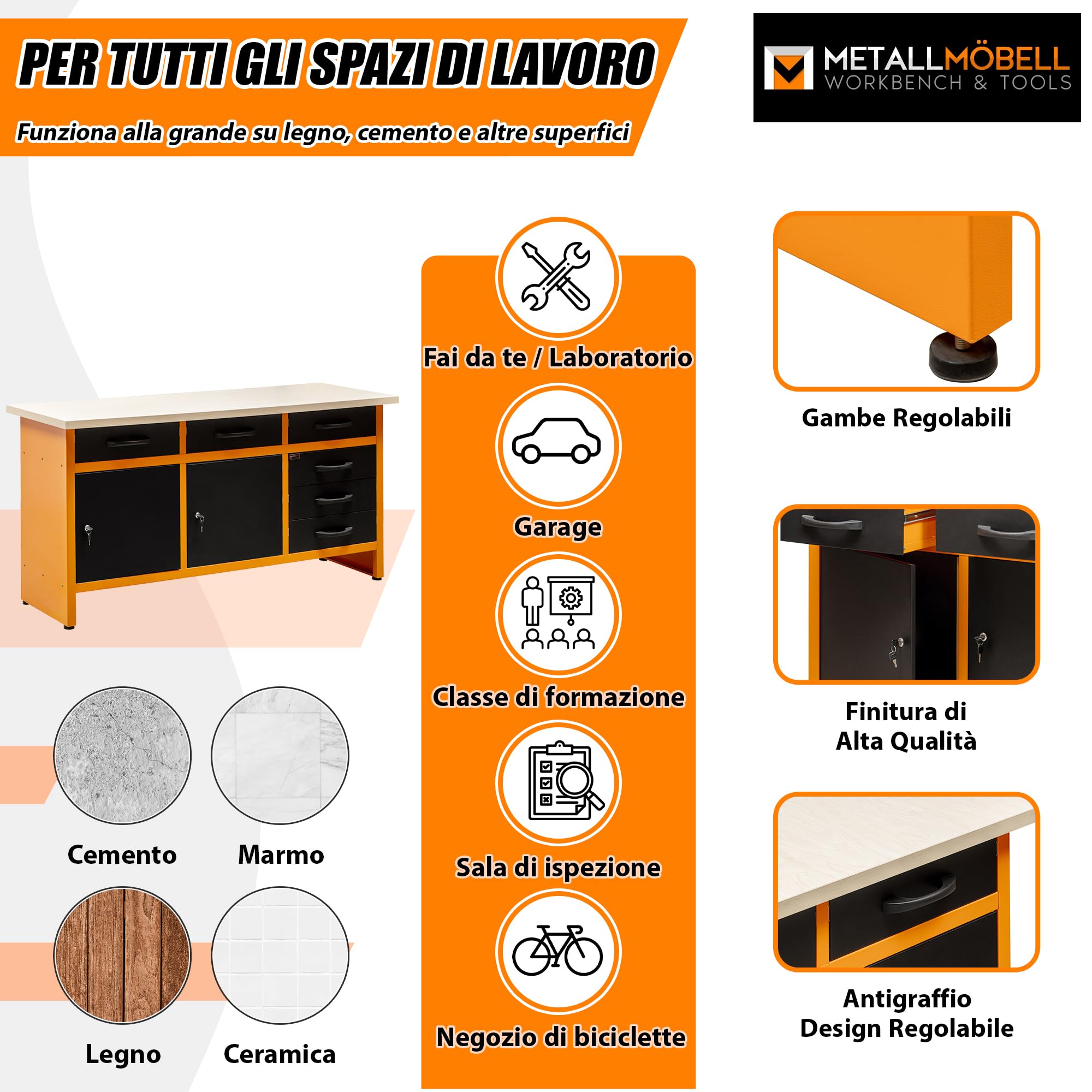 METALLMOBELL - Banco da Lavoro Officina, 160x60x84cm, con Cassetti e Armadietto, Tavolo da Lavoro Garage, Banchetto da Lavoro, Banco da Falegname, Banco da Lavoro Garage, Banco Lavoro MB010N
