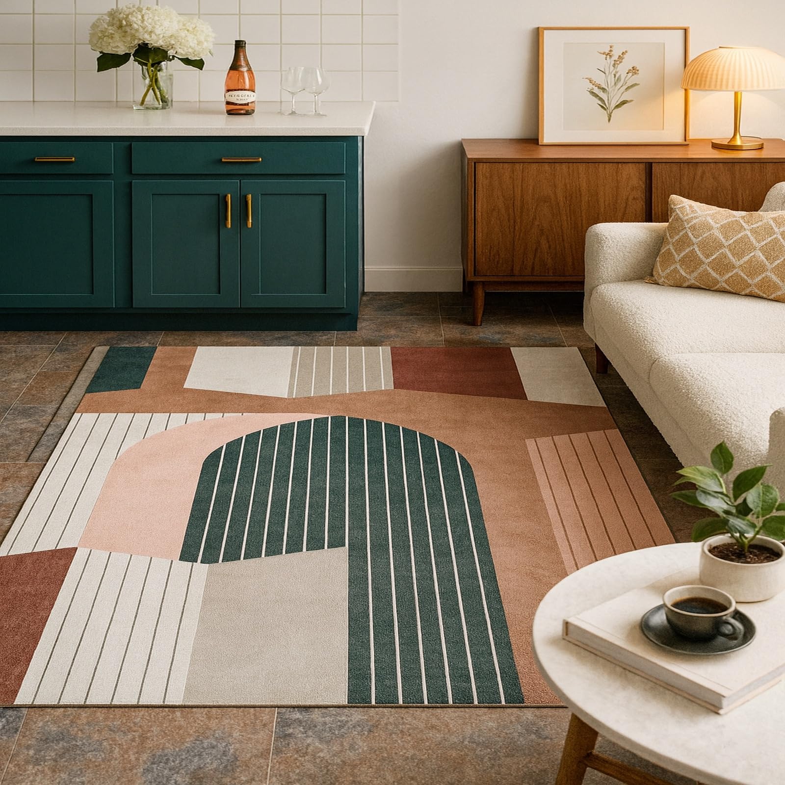 Tapis de salon géométrique 160x230 grand tapis vert moderne poils ras