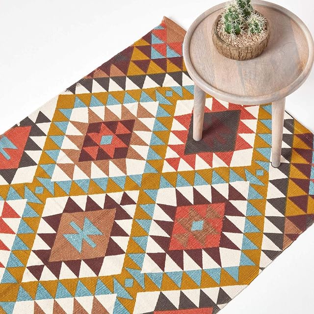 HOMESCAPES Geometric Style Printed Rug 'Oslo' Orange, Yellow, Brown & Cream 100% Cotton Rug, 120 x 170 cm