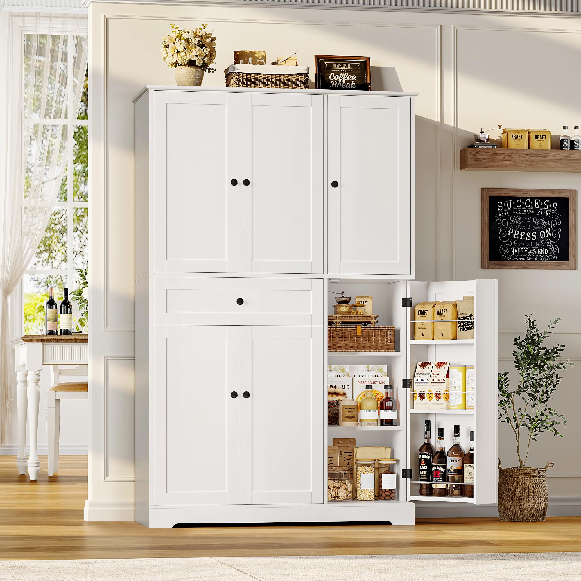 HOSTACK Armoire de Rangement Haute de 172 cm pour Cuisine et Garde-Manger, Meuble de Cuisine Moderne avec Portes et Étagères, Garde-Manger Autoportant avec Grand Tiroir de Rangement pour Salle à