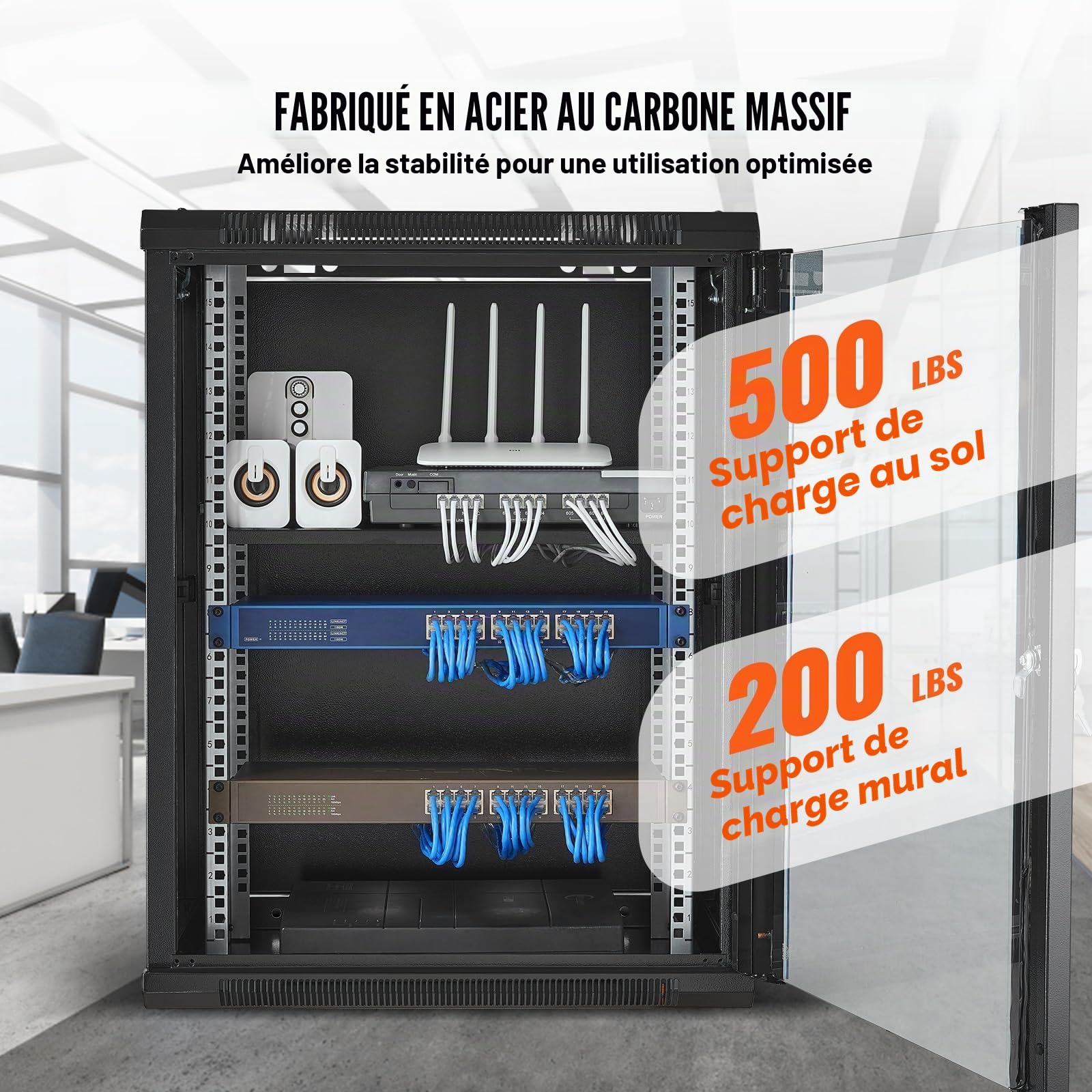 VEVOR Armoire de Serveur Mural 15U, Boîtier Rack Réseau avec Roulettes, Charge 226,8 kg, Porte Verre Trempé Verrouillable, Acier Q235