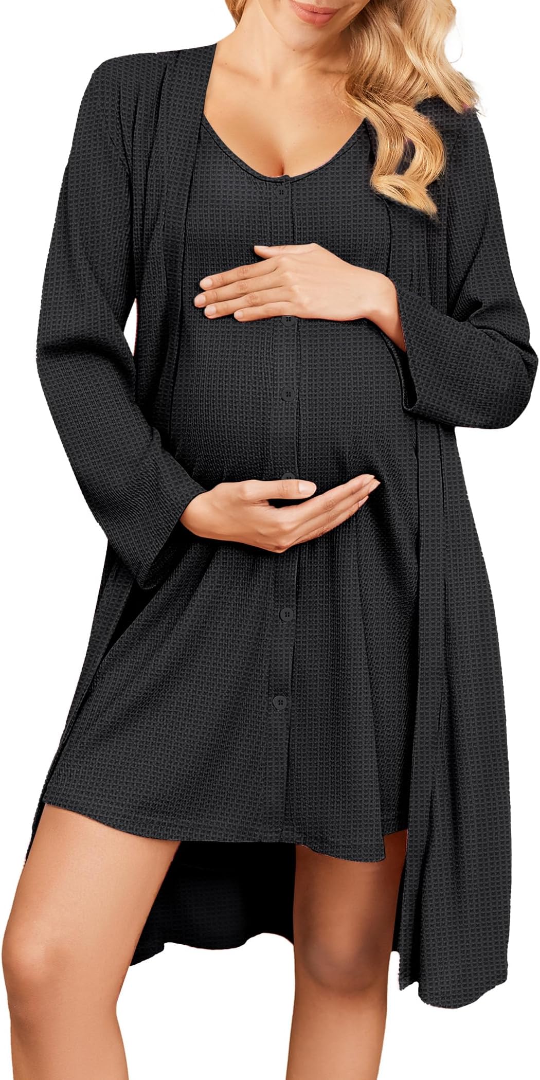 EkouaerMaternity Nursing Gown and Robe Set 2 Piece Waffle Breastfeeding Nightgown 3 in 1 Labor and Delivery Hospital Gown