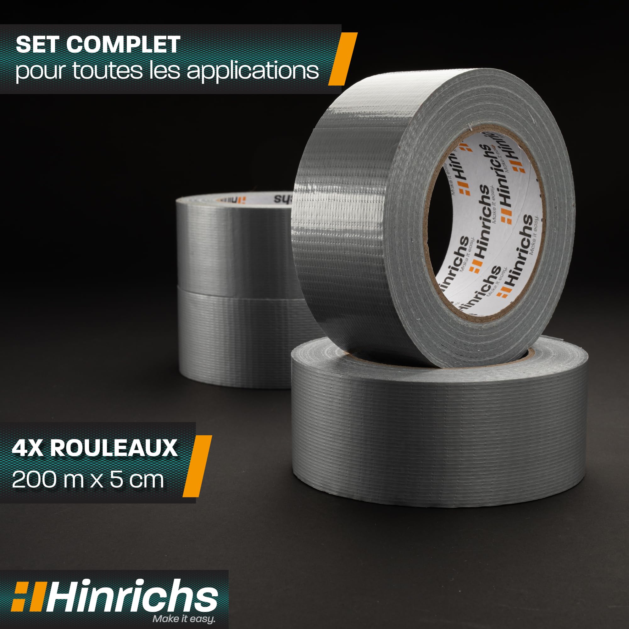 Hinrichs Ruban Adhésif Argenté – Lot de 4 Rouleaux de Gros Scotch 50 m x 50 mm – Scotch Renforcé Ultra Résistant – Duct Tape Imperméable – Ruban Gaffer Argenté pour Intérieur et Extérieur