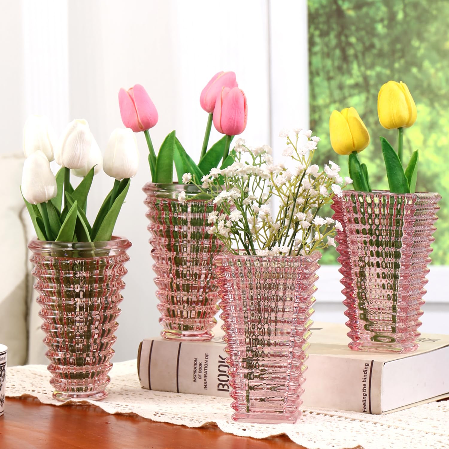 MCMCNCUIU Crystal Flower Vase Set of 4, Glass Vases for Centerpieces, Pink Vases for Flowers, Small Vase for Living Room, Bedroom, Kitchen, Office,