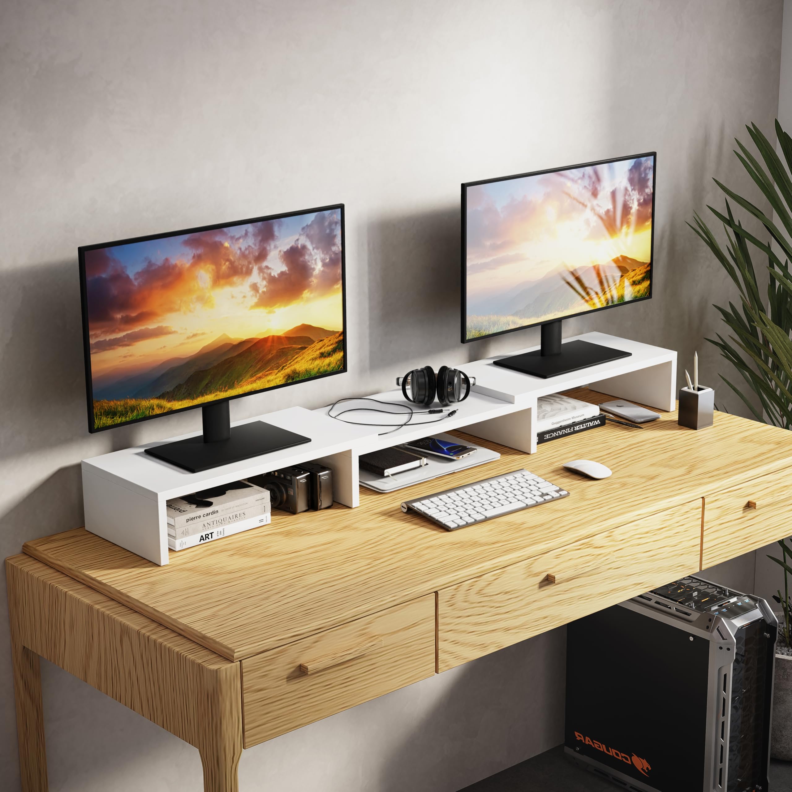 Supporto per doppio monitor supporto per monitor organizzatore per scrivania supporto per laptop supporto per computer 3 ripiani a lunghezza regolabile Bianco