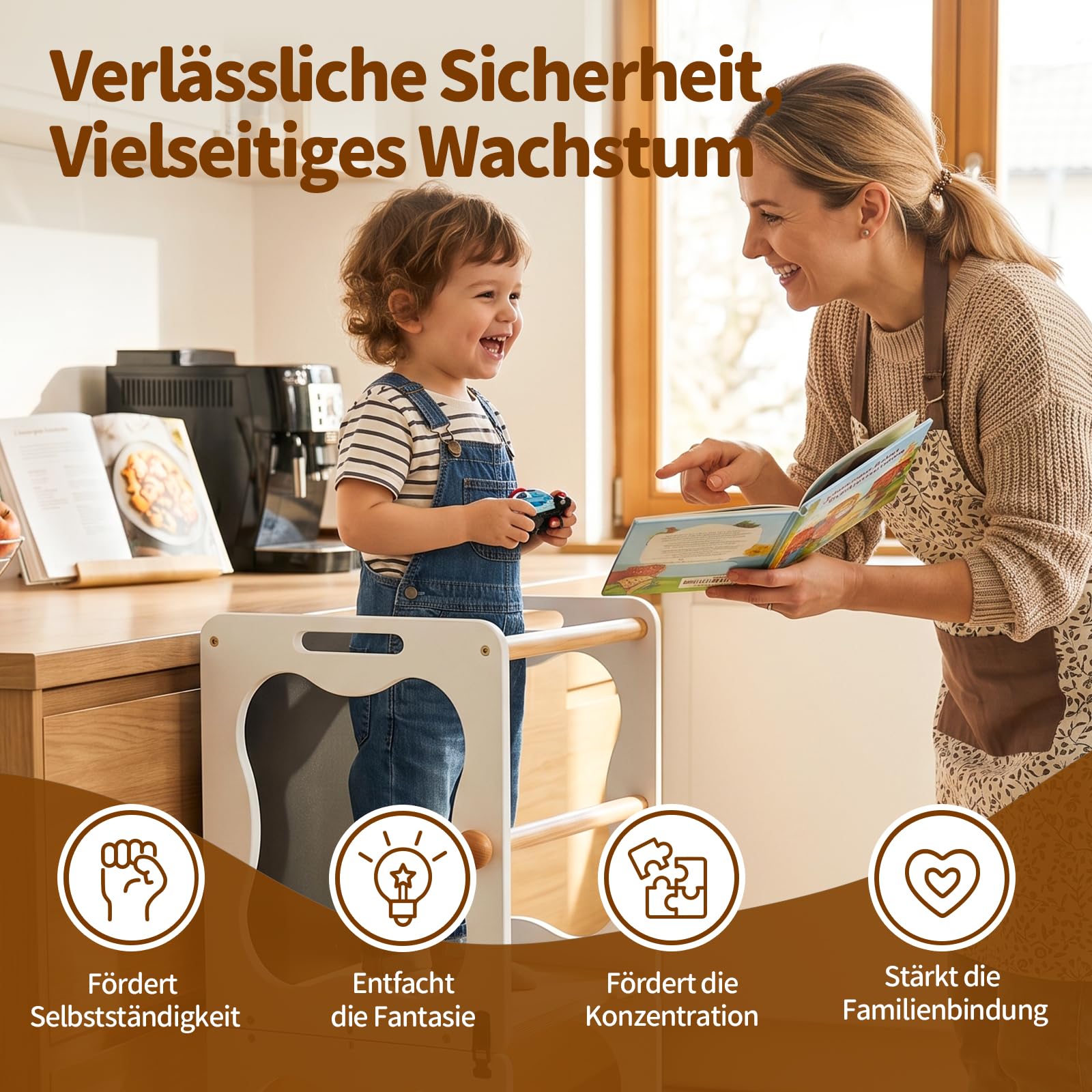 COSYLAND Lernturm Kinder 3in1 Küchenhelfer mit Tafel & Geländer Weiß | Wandelbar zu Tisch & Stuhl, ideal für Küche und Alltag. Stabil, sicher, pflegeleicht und perfekt für Ihr Kind.