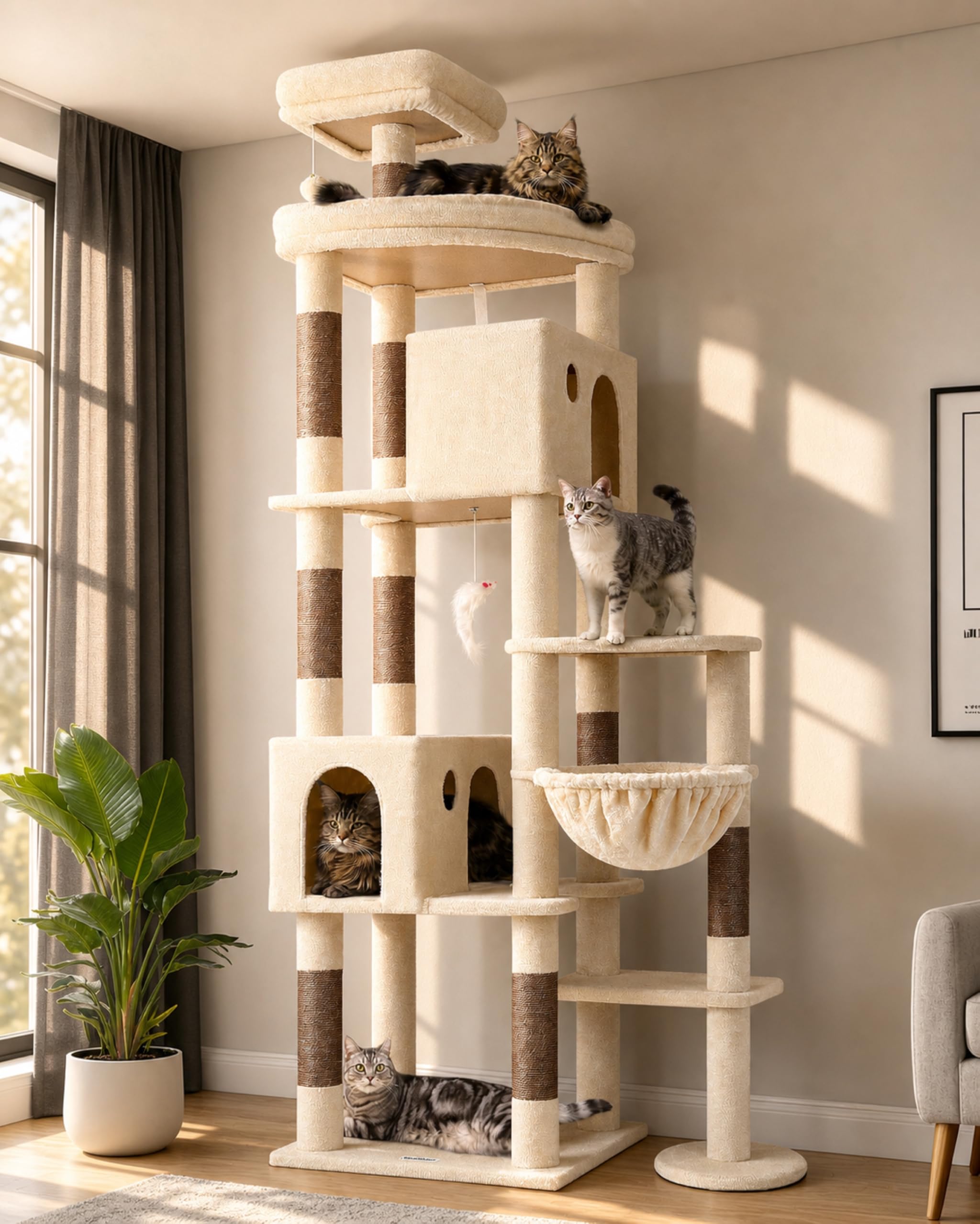 Globlazer Tiragraffi Beige XXL per Gatti Adulti Alto 213 cm con Grandi Piattaforma 55cm*45cm, 2 Grotta, Posatoi, Cesto, Albero Tiragraffi Stabile per Multipli Gatti Grandi Interno (F83, Beige)