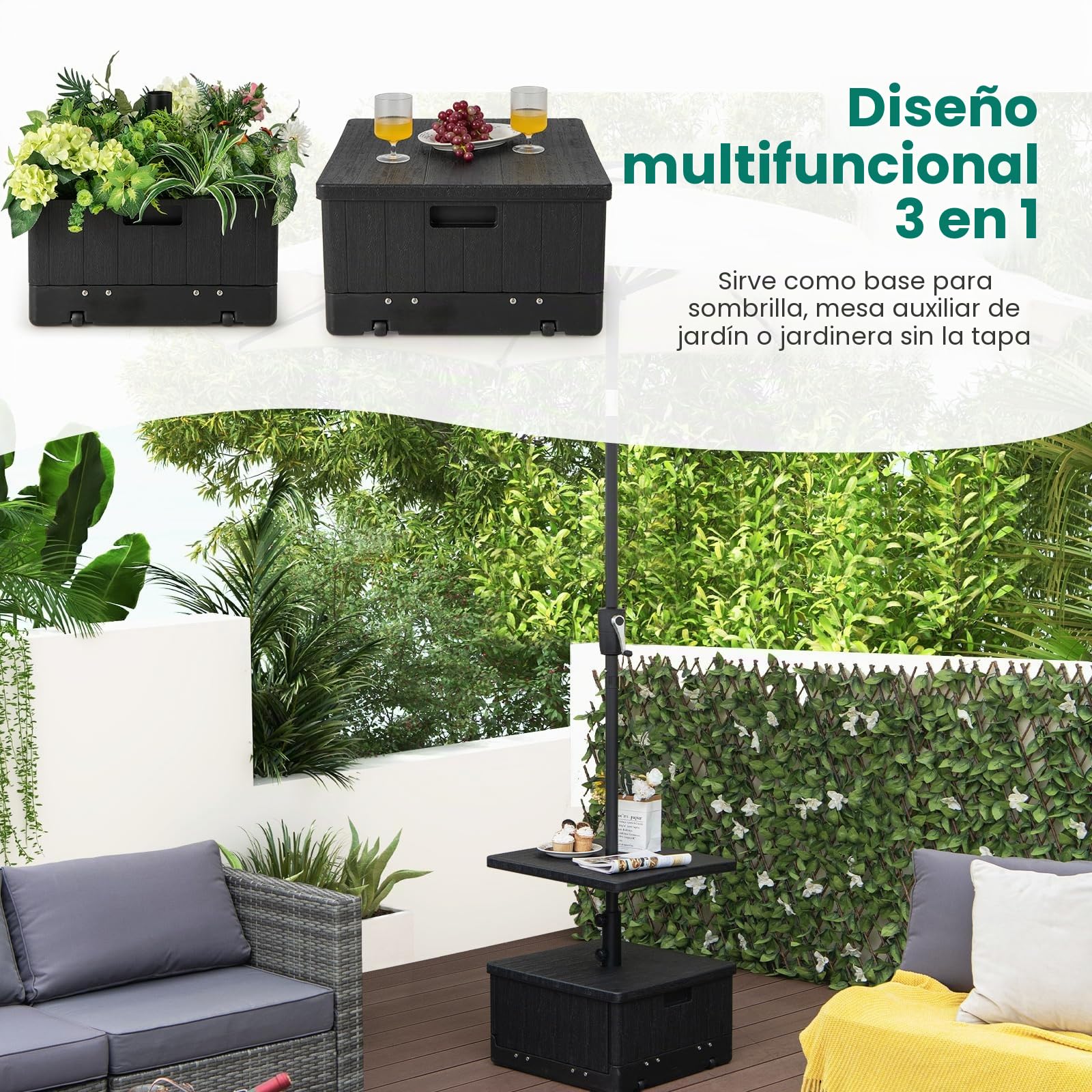 KOMFOTTEU Soporte para Sombrilla con Ruedas y Bandeja de Mesa, Base de Sombrilla Rellenable de 45L de Agua/67kg de Arena, Base para Sombrilla de 38/48 mm con Asa
