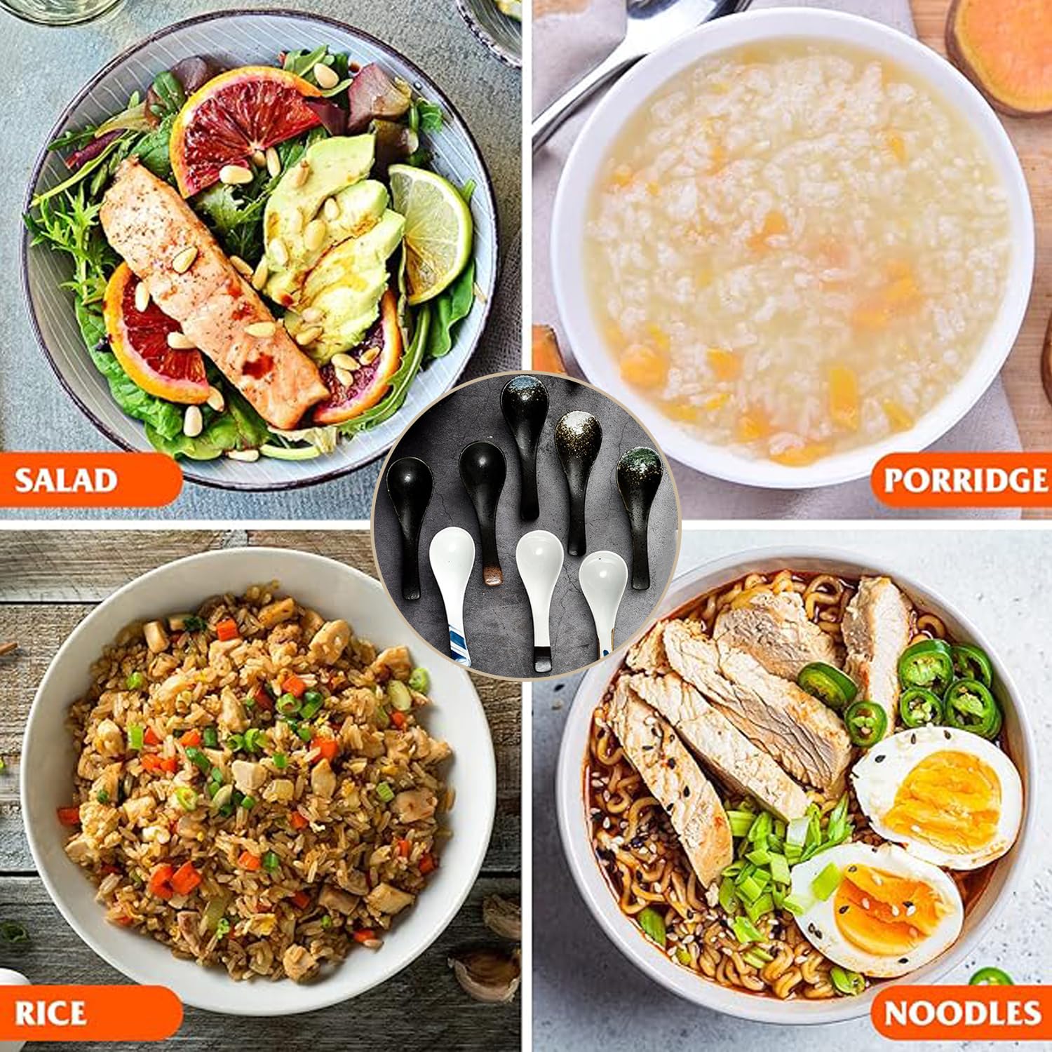 Set Di 5 Cucchiaio Cucchiaini In Ceramica, Cucchiai Da Minestra Cinesi Retrò, Cucchiai Da Ramen Asiatici, Cucchiai Da Zuppa Giapponesi, Creativo Stoviglie Cucina Per Wonton Pasta Caffè (Nero)