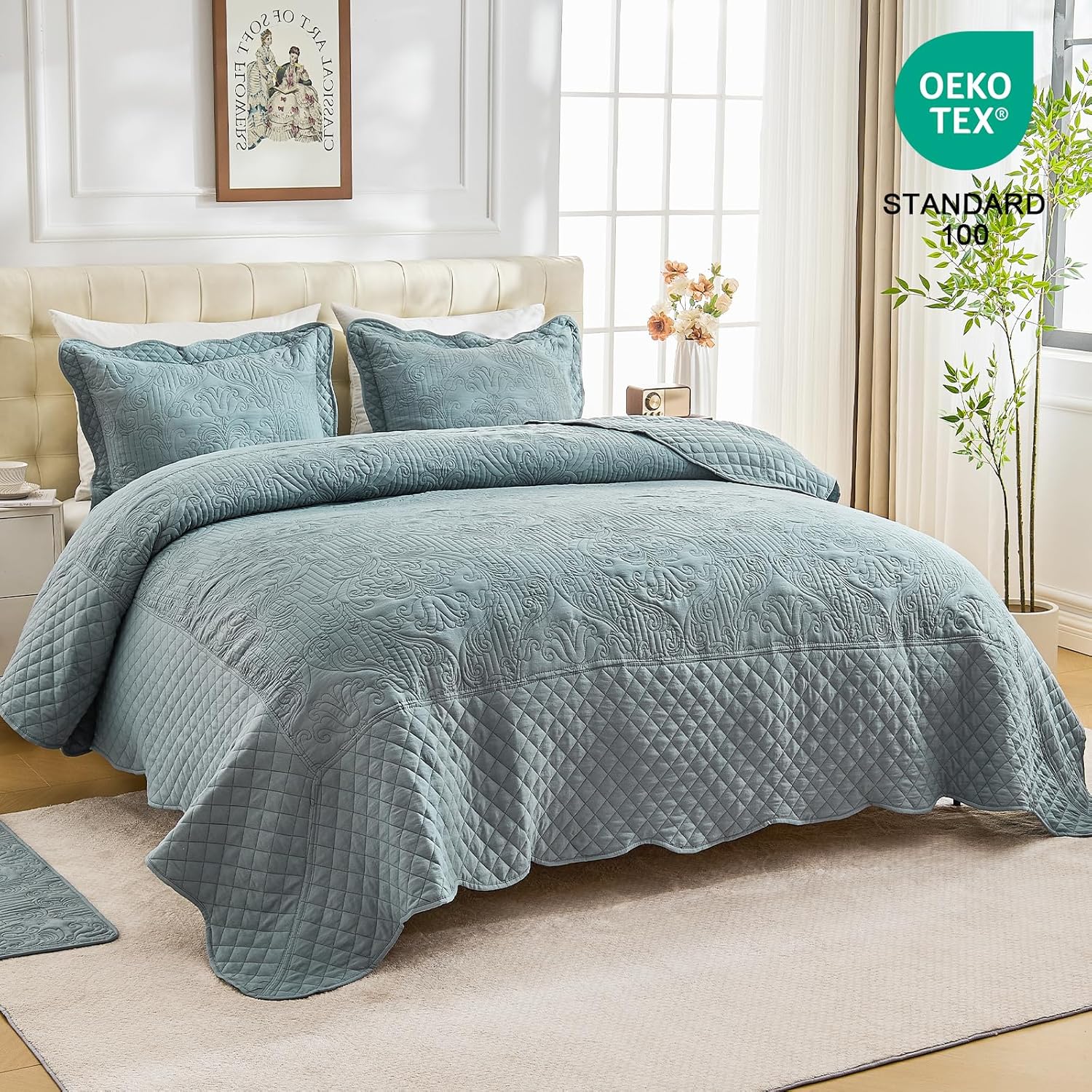 Oversized Bedspread Coverlet Set King Size - Lightweight Bedding Cover - Beautiful Stitching -Gorgeous Damask Paisley Pattern Quilt Set, Reversible, 4 Piece with Floor Mat, Dusty Blue