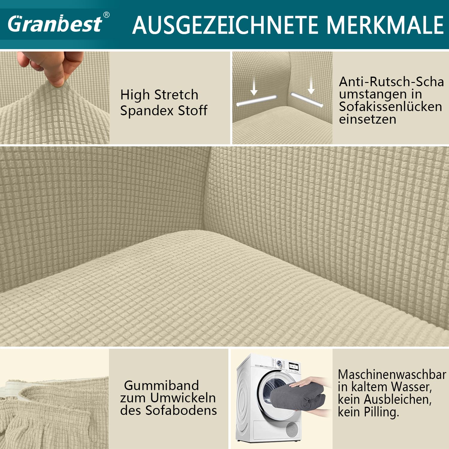 Granbest Copridivano ad alta elasticità, moderno copridivano jacquard, elasticizzato, per soggiorno, protezione per cani, animali domestici (3 posti, colore cachi)