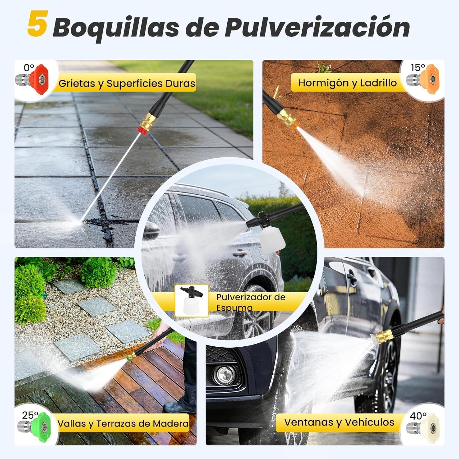 Hidrolimpiadora de Alta Presión, 2000W 180Bar Hidrolimpiadora Eléctrica con 5 Boquillas y Espumador, Caudal: 680 L/H, Hidrolimpiadora Portátil para Limpieza de Coche, Patio, Jardín y Piscina