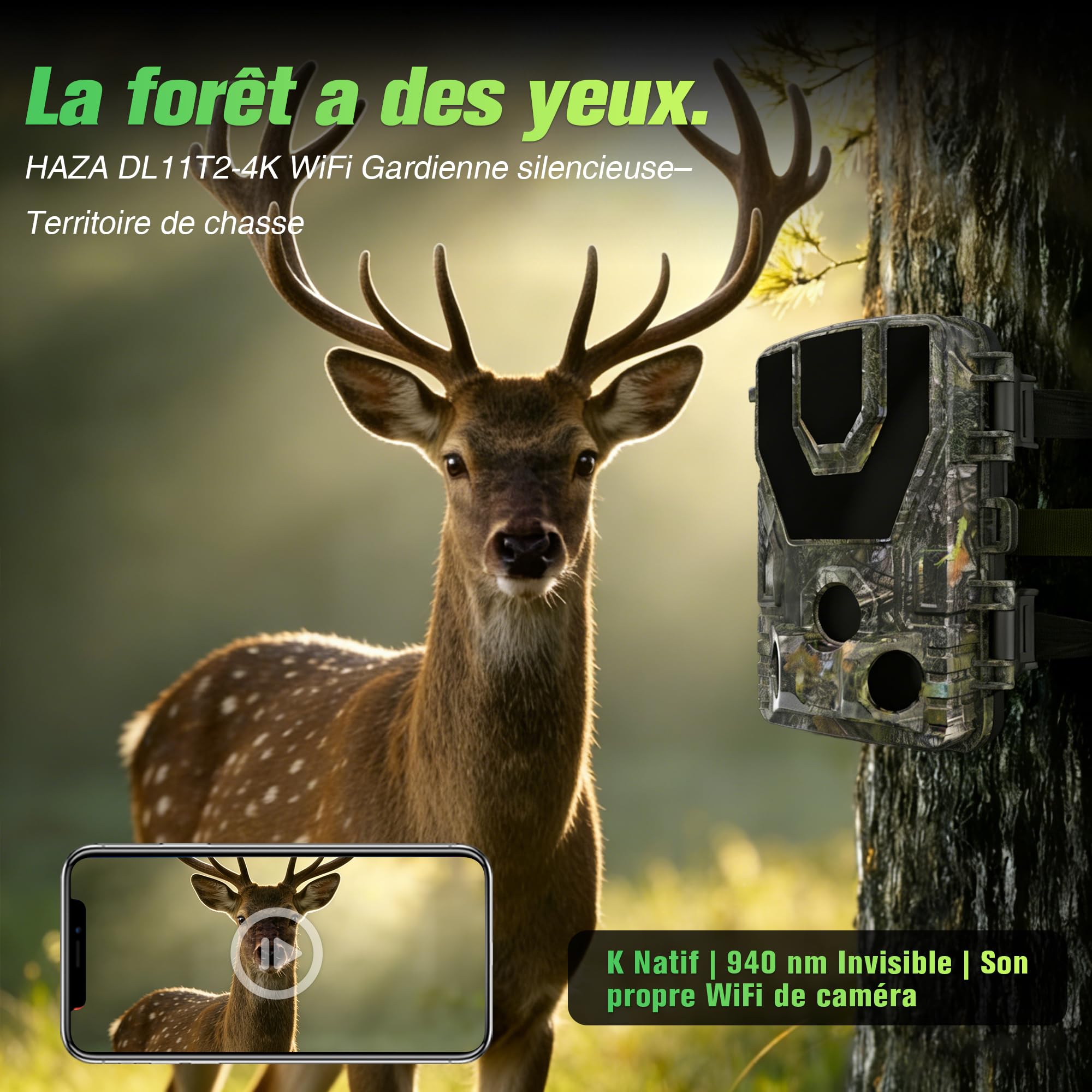 HAZA Caméra de Chasse 4K WiFi Hotspot connectée Telephone Caméra Chasse Infrarouge Vision Nocturne, détecteur de Mouvement, étanche IP66 pour Observation Animaux Sauvages(NO Carte SD)