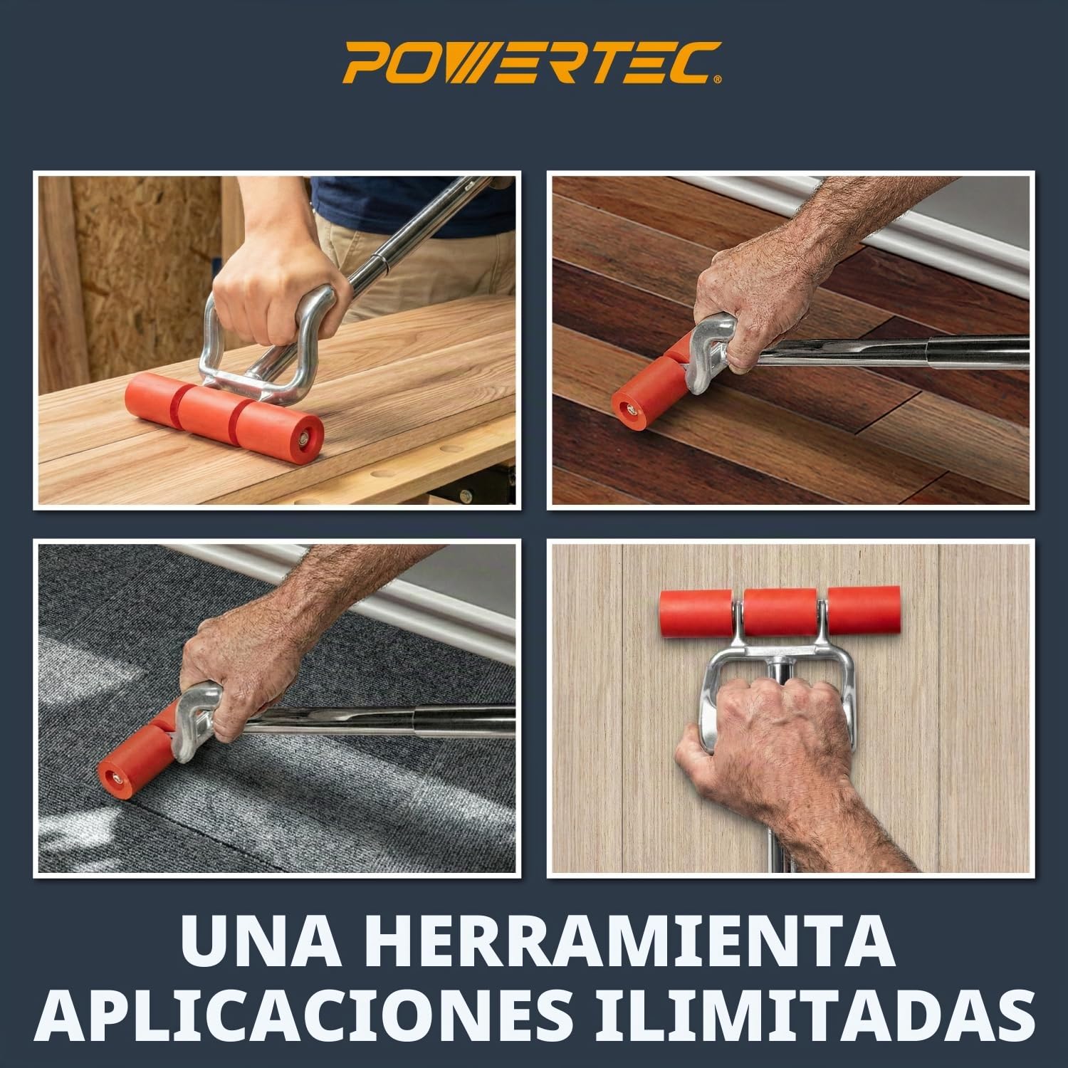 POWERTEC Rodillo Suelos de Vinilo, Azulejos y linóleo con Mango Extensible, 7.5 Pulgadas de Ancho para LVP, Chapa, Alfombra, revestimientos de Pared, 1 Paquete (71033), Plata/Rojo, 17"-27" Extendable