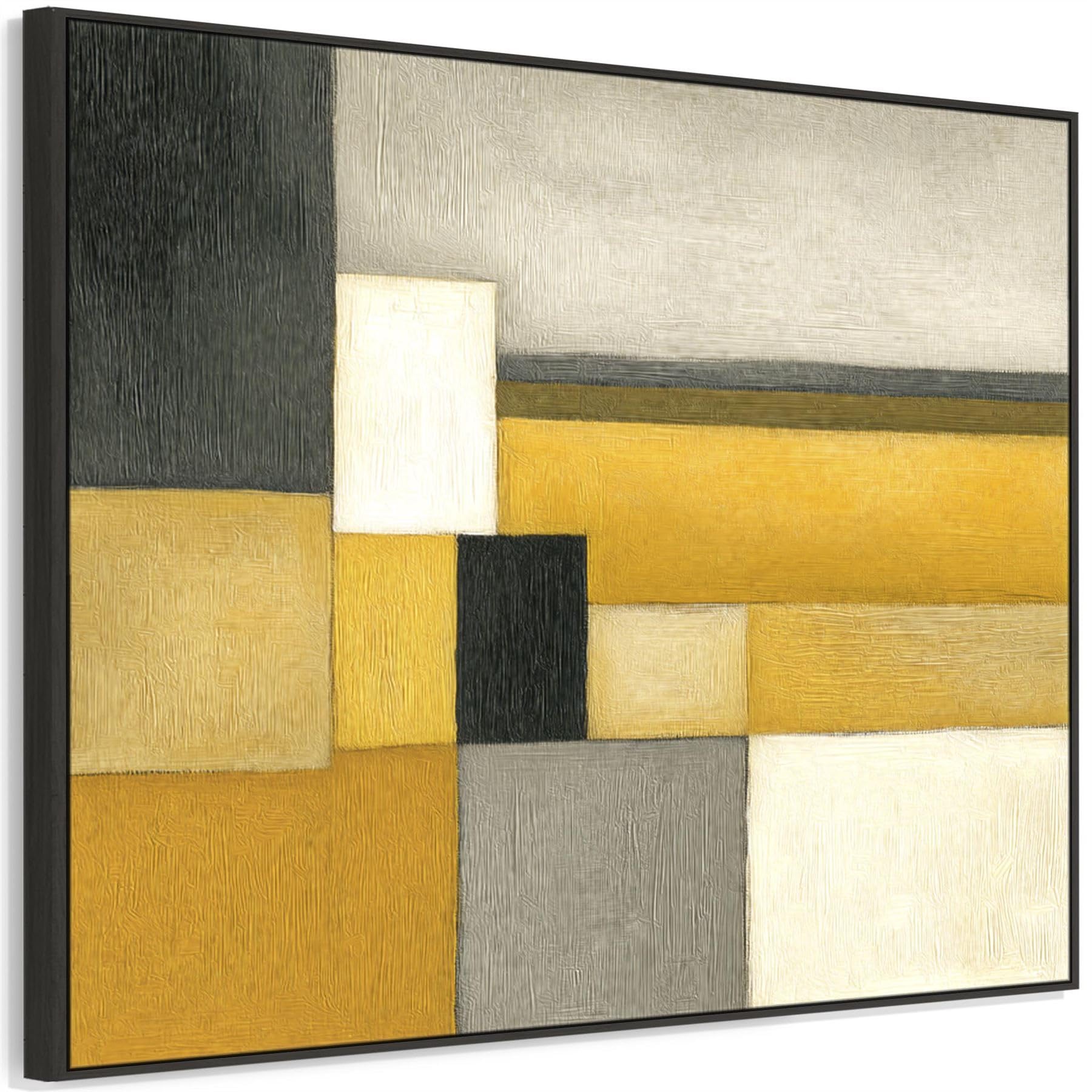 Wallfillers Mustard Yellow Extra Large Grey Abstract Framed Canvas Wall Art - Ochre Steps (84Cm X 69Cm)