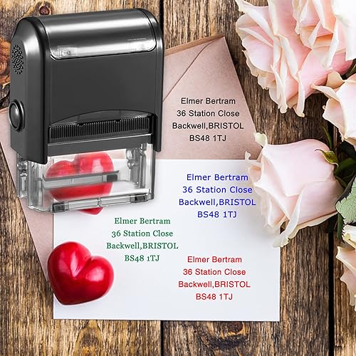 Miniatura 7 de Sello personalizado de 1.496 x 0.551 in, sellos de goma para dirección comercial autoentintados hasta 3 líneas, 4 opciones de color y fuente