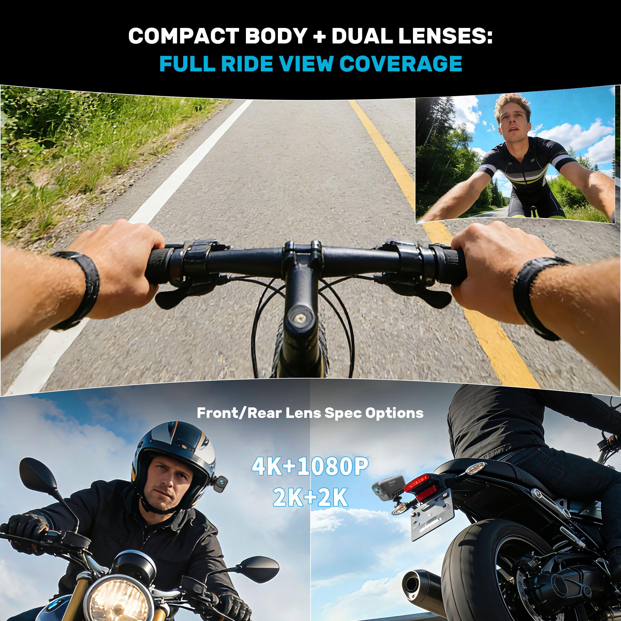 Baobylon Camera Moto 4K+1080P,Caméra de Moto Avant et Arriere,Caméra Casque Moto,Dashcam Moto Velo étanche avec WiFi,Mini Camera Sport avec GPS, HDR,Vision Nocturne Starlight,Enregistrement en Boucle - 5