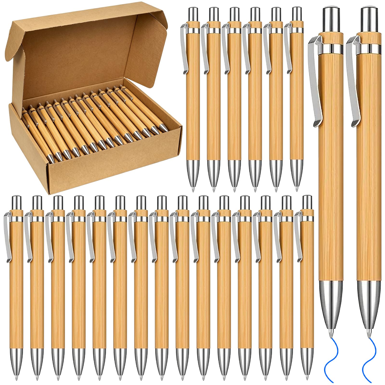 Kugelschreiber aus Bambus, blaue Tinte, Klick einziehbar, natürlicher Bambusschaft, 13 cm, Großpackung mit 100 Stück