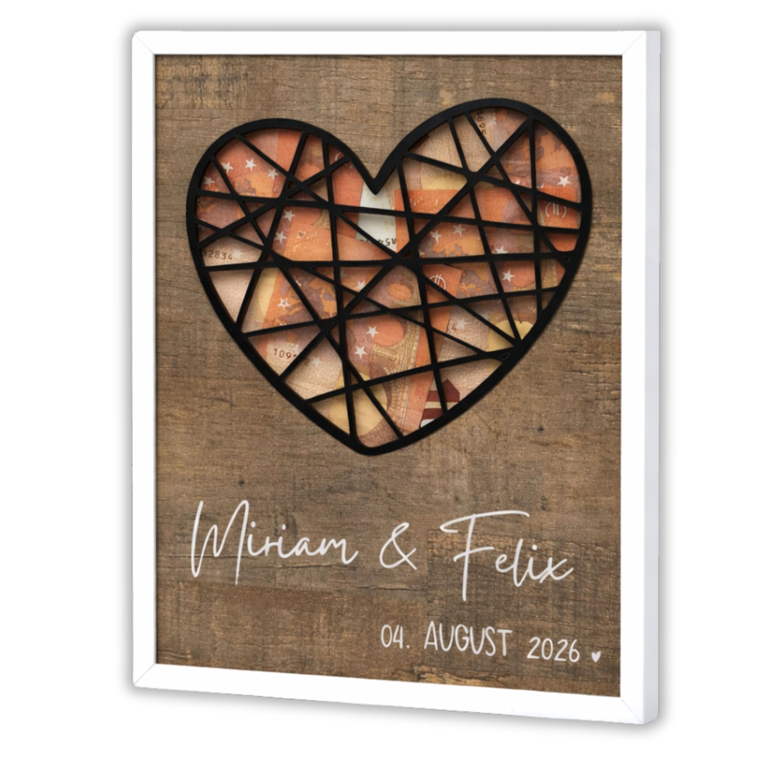 Personalisiertes Geldgeschenk Hochzeit im Bilderrahmen mit Echtglas – Modern Rustikales Herz Design – Hochzeitsgeschenk mit Namen & Datum – Geldgeschenk Hochzeit, Bilderrahmen Hochzeit personalisiert