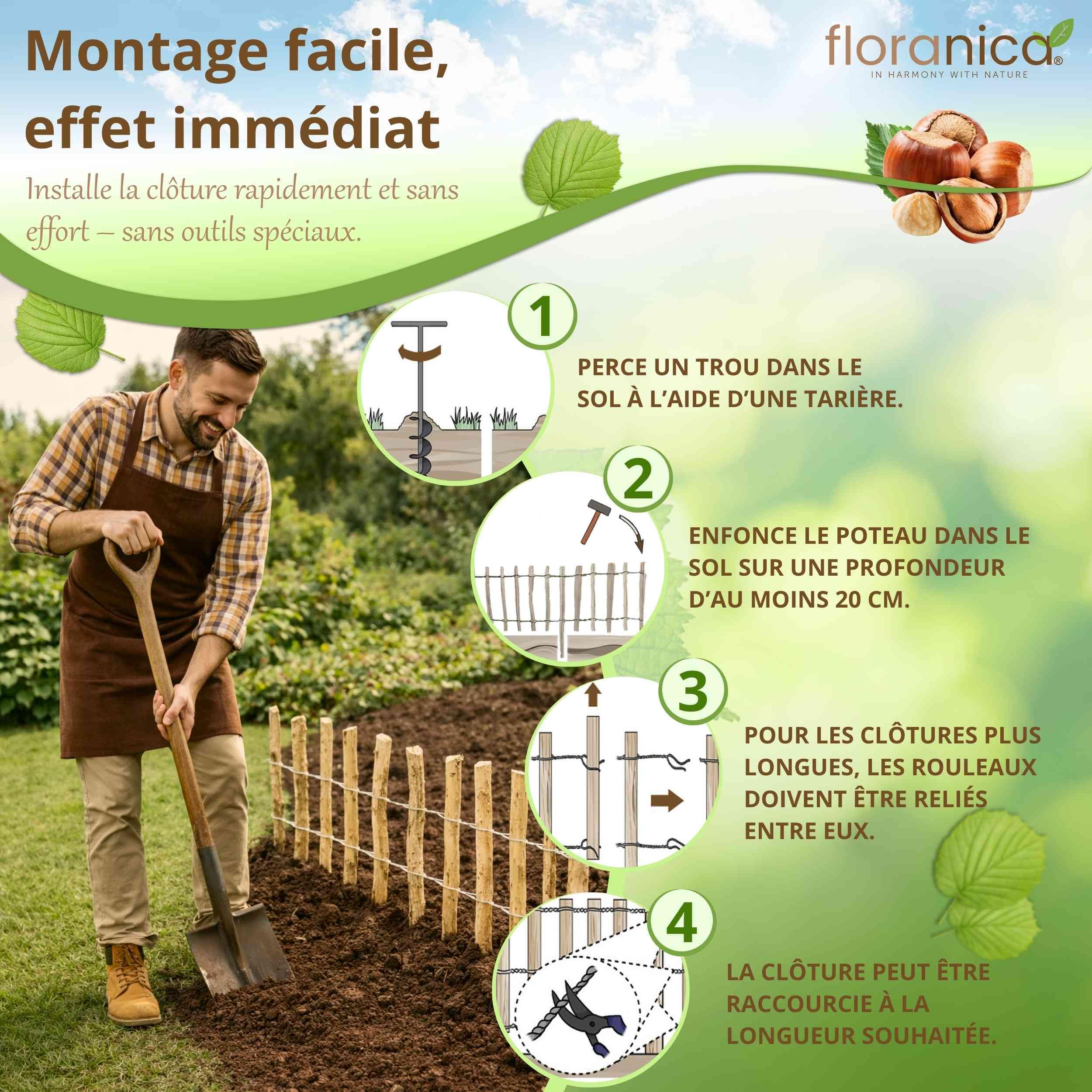 Floranica clôture en noisetier châtaignier 10 m x 50 cm de hauteur, écart entre les lattes 8-10 cm, bordure de jardin