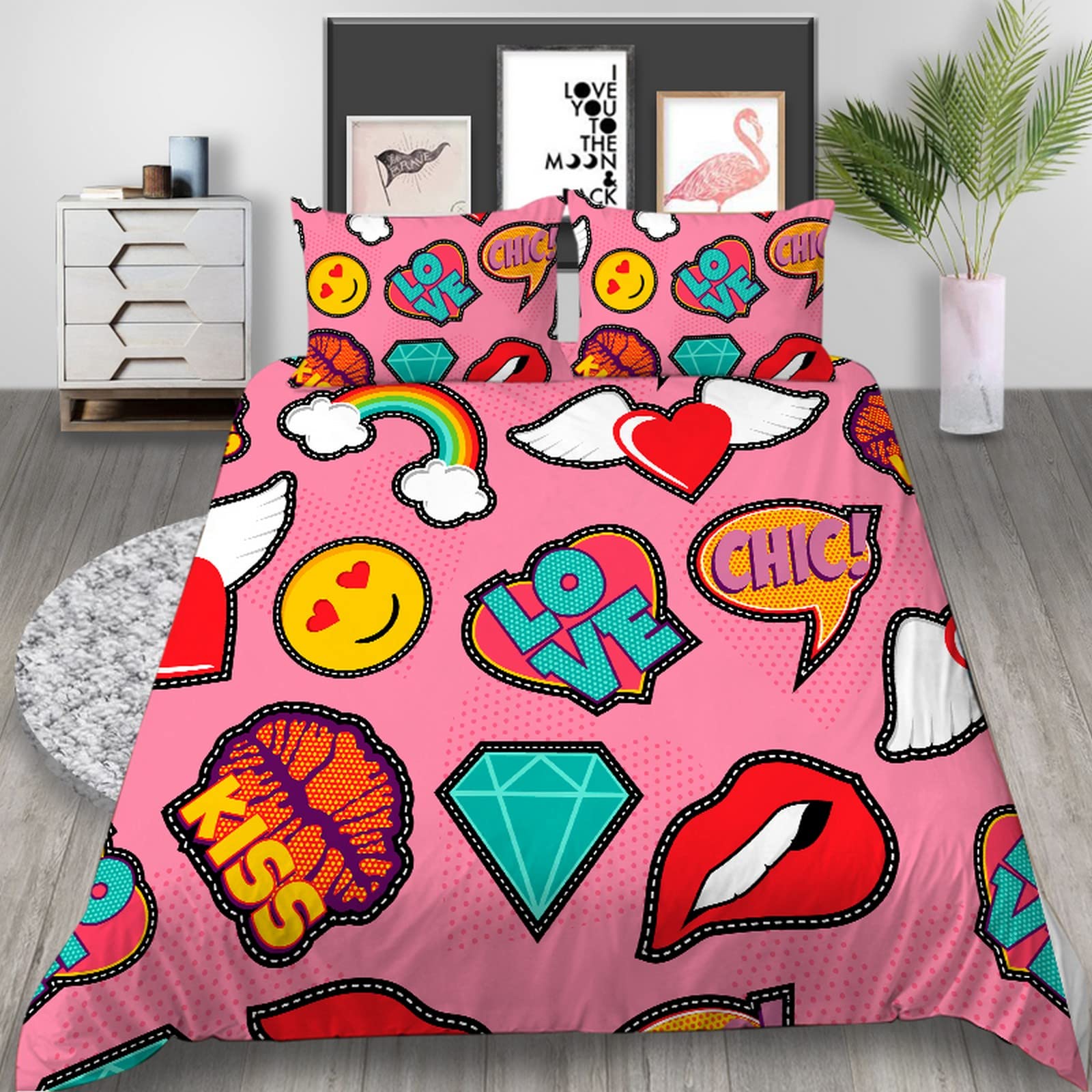 Labbra Rosse Dei Cartoni Animati Set Di Biancheria Da Letto Di 240X220 Cm 3 Pezzi, 3D Stampa Microfibra Set Copripiumino Con Cerniera + E 2 Federe Per Ragazzo Ragazza - Antiallergia Facile Da Curare