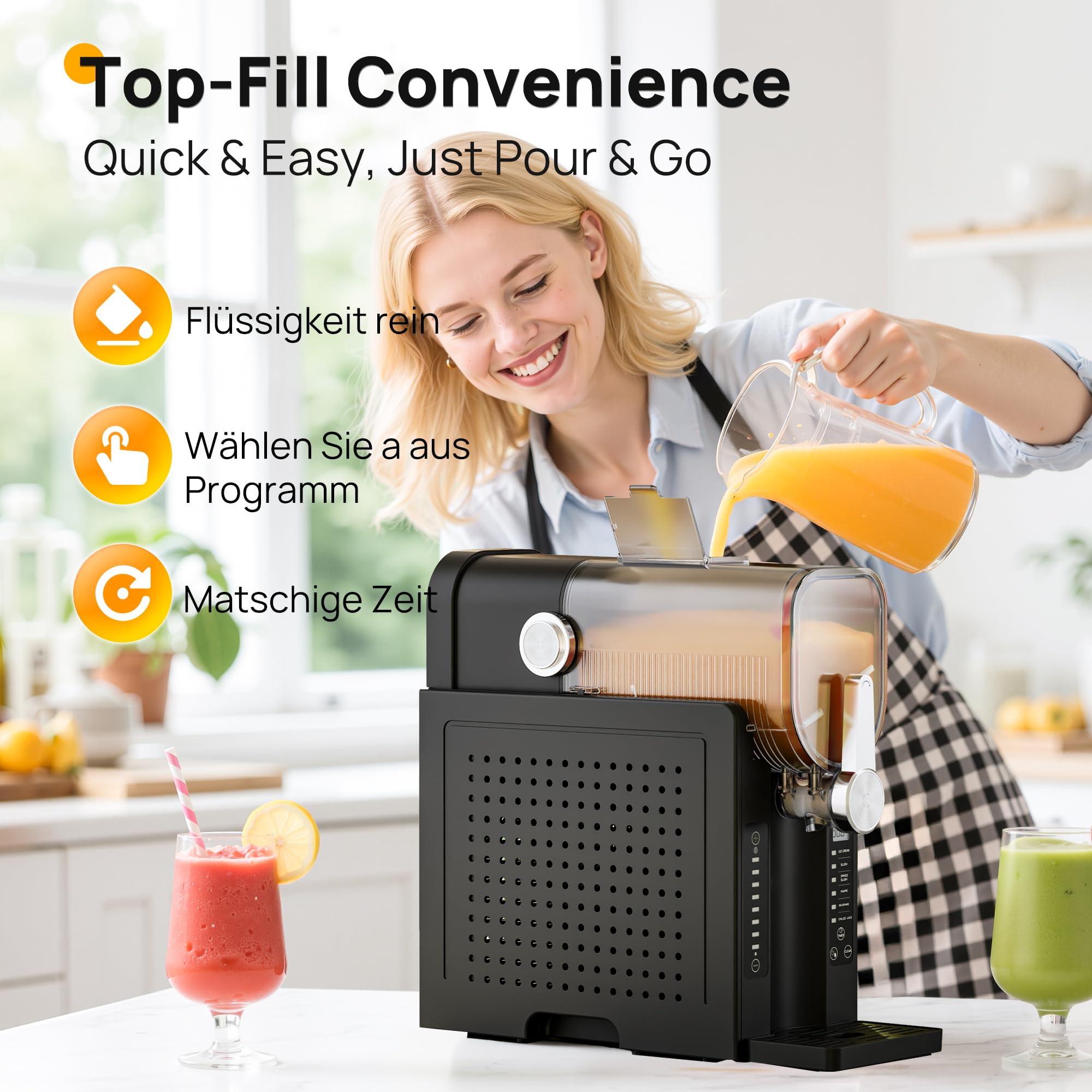 INITIO Slush Machine 2L Slushie Machine per la casa per Slushi, Frappé, Milkshake & Margarita, senza ghiaccio necessario, display LED, autopulente, nero, AD03, 6 programmi + 1 confezione