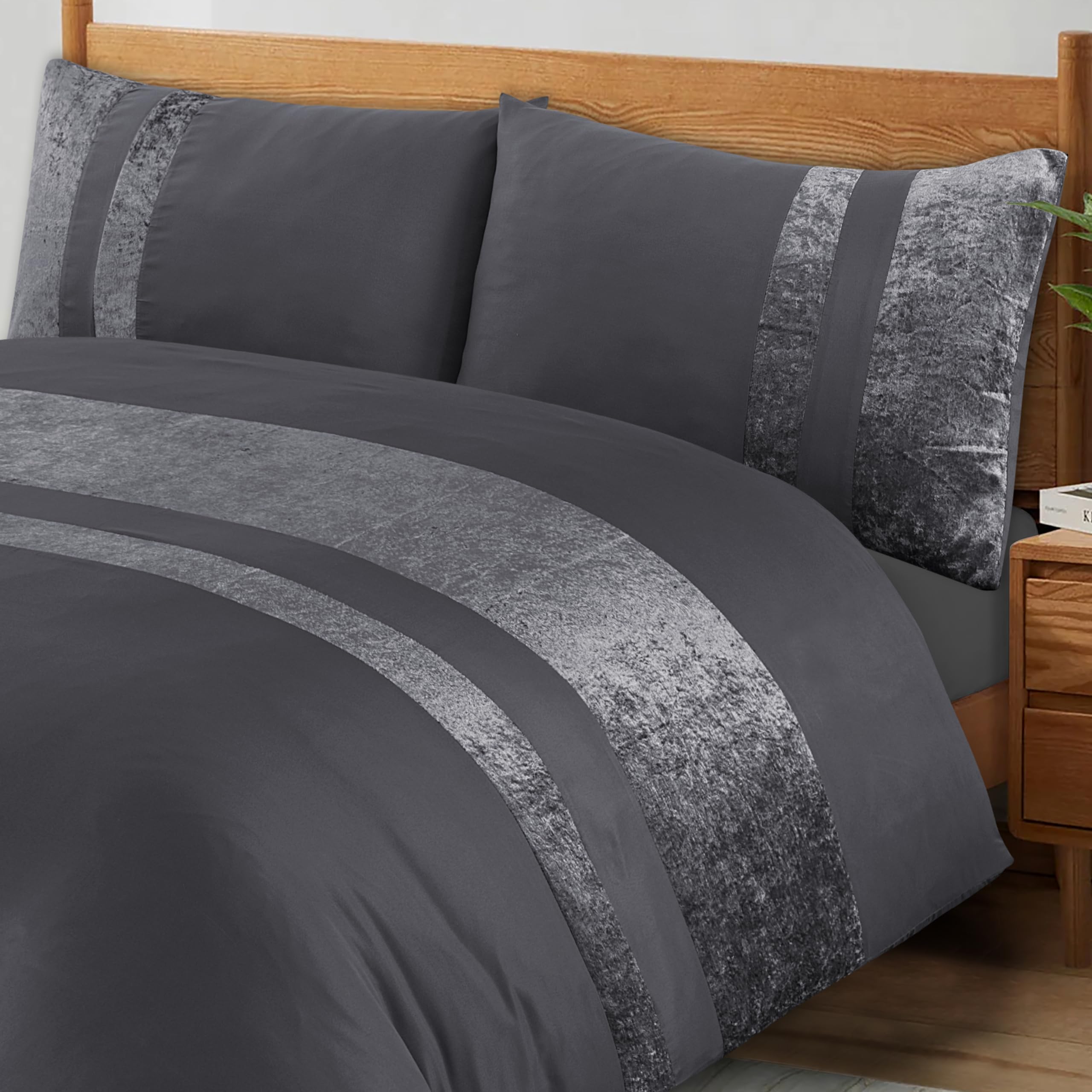 ZZZMRH Luxury Crushed Velvet King Size Duvet Cover Set With 2 Pillow Cases - Grey Color Crush Velvet Panel Band Bedding