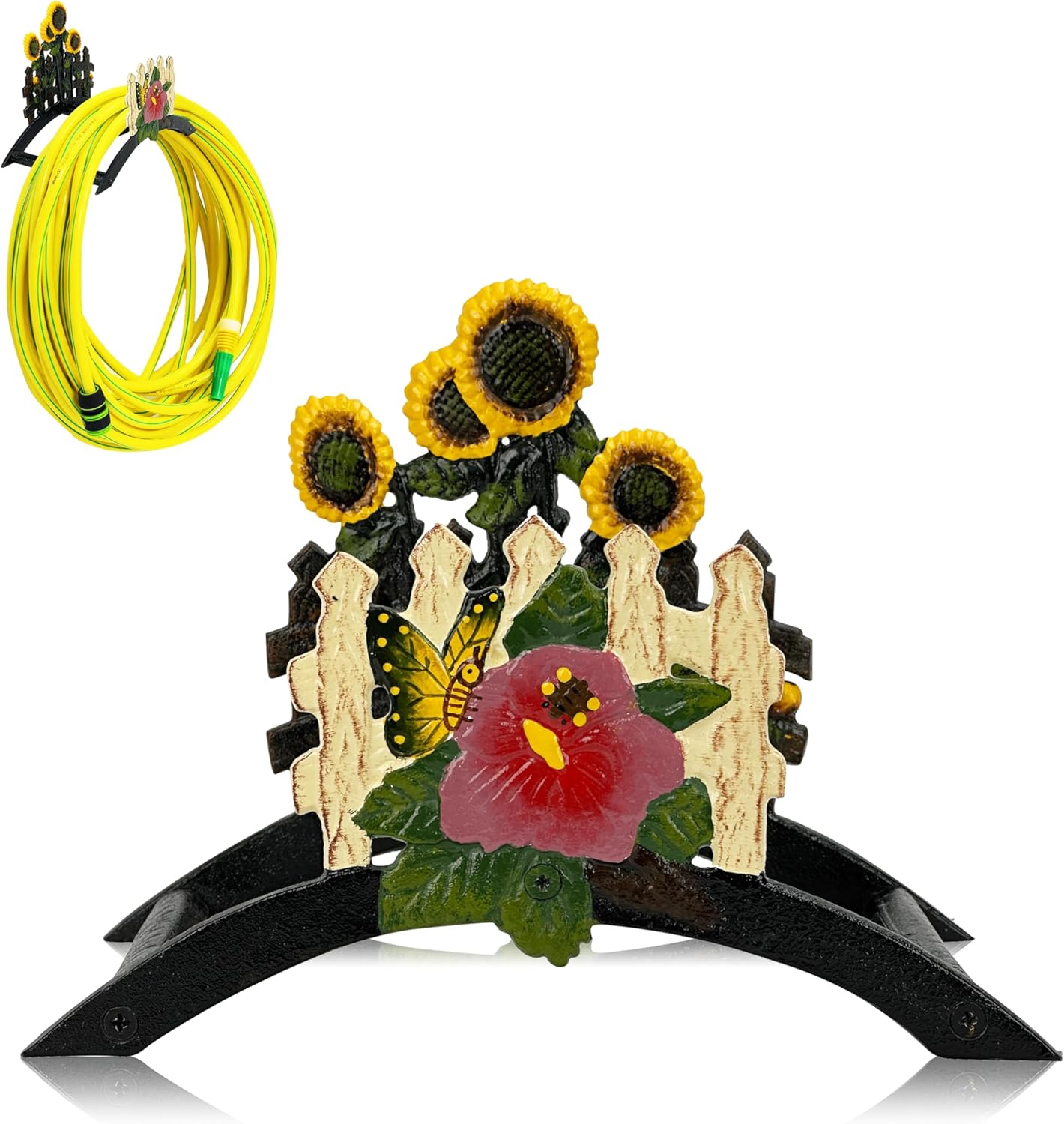 Decorative Garden Hose Holder Wall Mount – Heavy Duty Cast Iron Hose Hanger with Colorful Sunflower Design – Wall Mounted Hose Holders for Outside, Patio, Yard, or Front Door