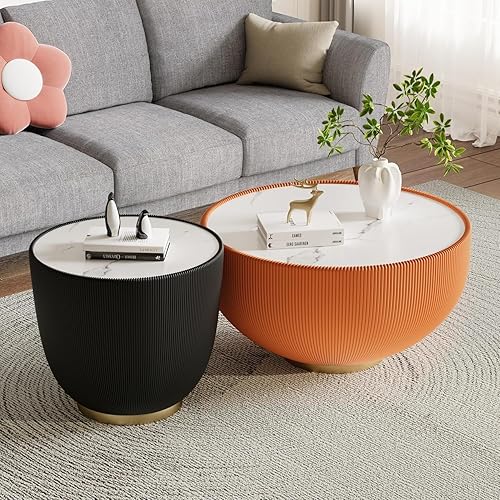 Miniatura 10 de Mesa auxiliar redonda de 29.53 pulgadas, mesas de cóctel modernas con textura vertical decorativa, mesas centrales de cuenco blanco de 29.53 1 Mesa