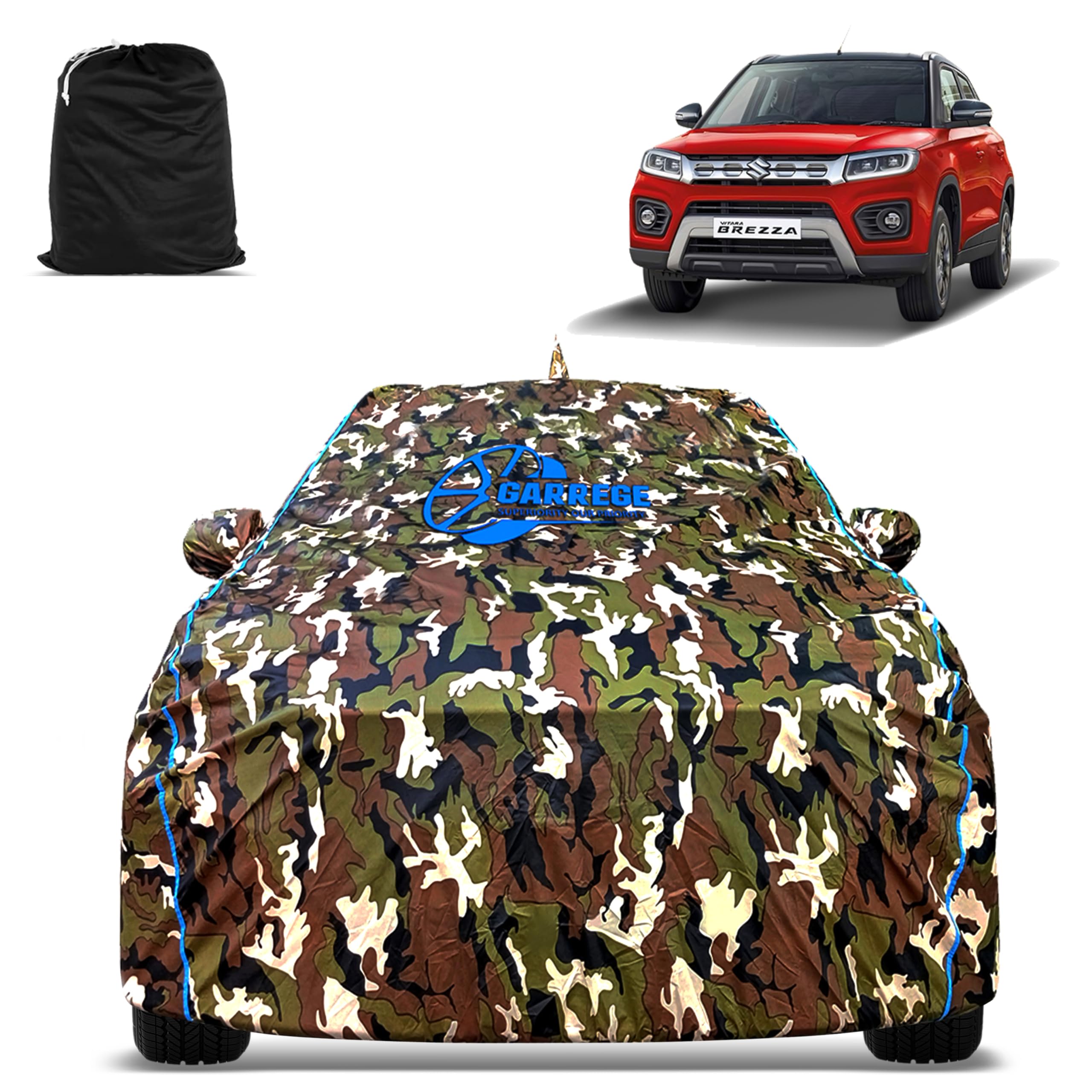 GARREGE® Waterproof Car Body Cover Compatible for Maruti Vitara Brezza with Mirror Pocket and Antenna Pocket, Triple Stitched (Dynamite Jungle Print with Blue Piping Design)-image-8