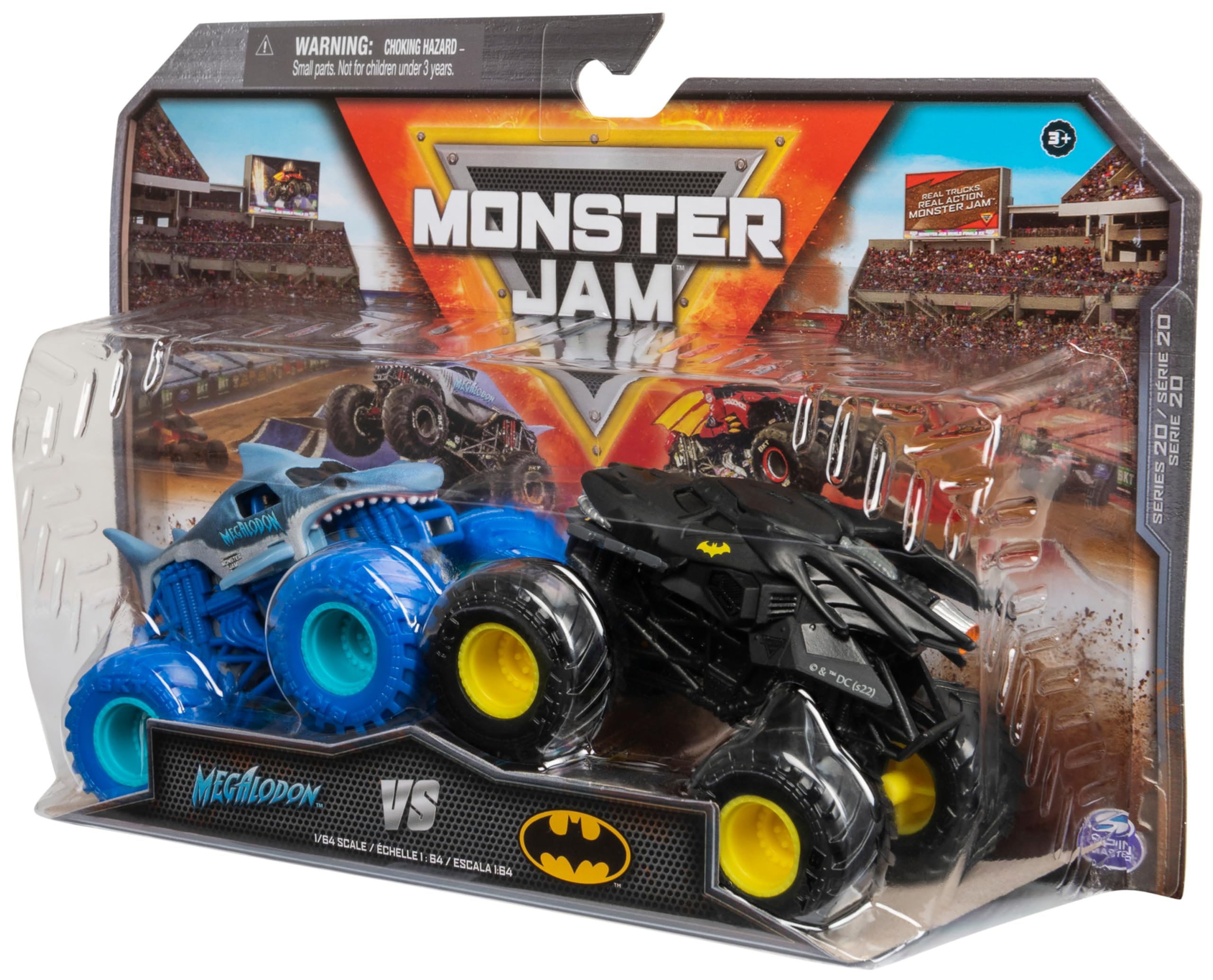 MONSTER JAM - Coches Monster Truck Escala 1:64 - Pack de 2 Camiones Metálicos Auténticos: Batman Vs. Megalodon - 6065293 - Coches para Niños - Juguetes Niños 3 años +