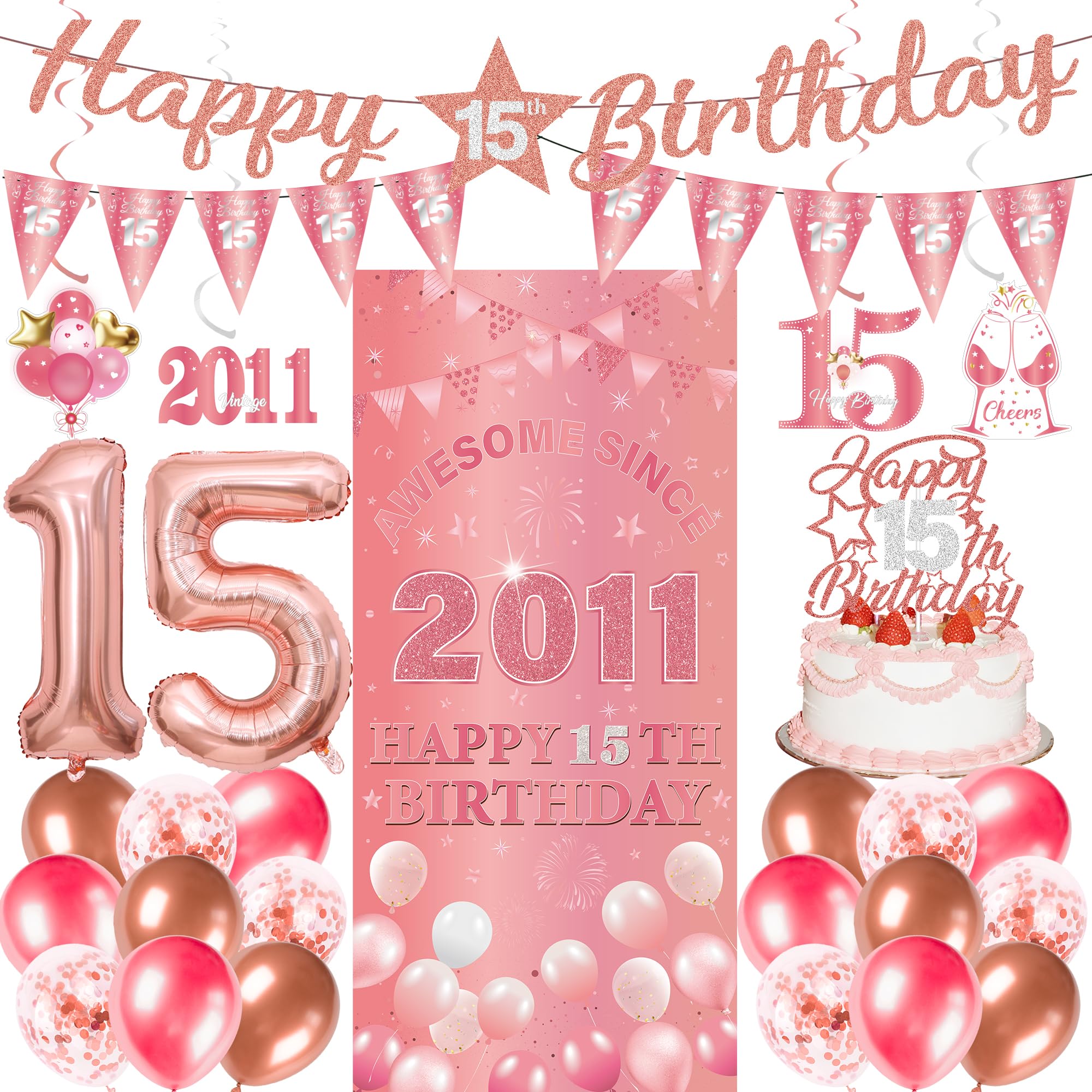 15th Birthday Decorations Girls Kit - 27 Pcs Rose Gold Happy 15th Birthday Banner Triangular Flag Hanging Swirls Backdrop Cake Topper 15 Balloon Set for 15 Years Old Party Decoration Supplies