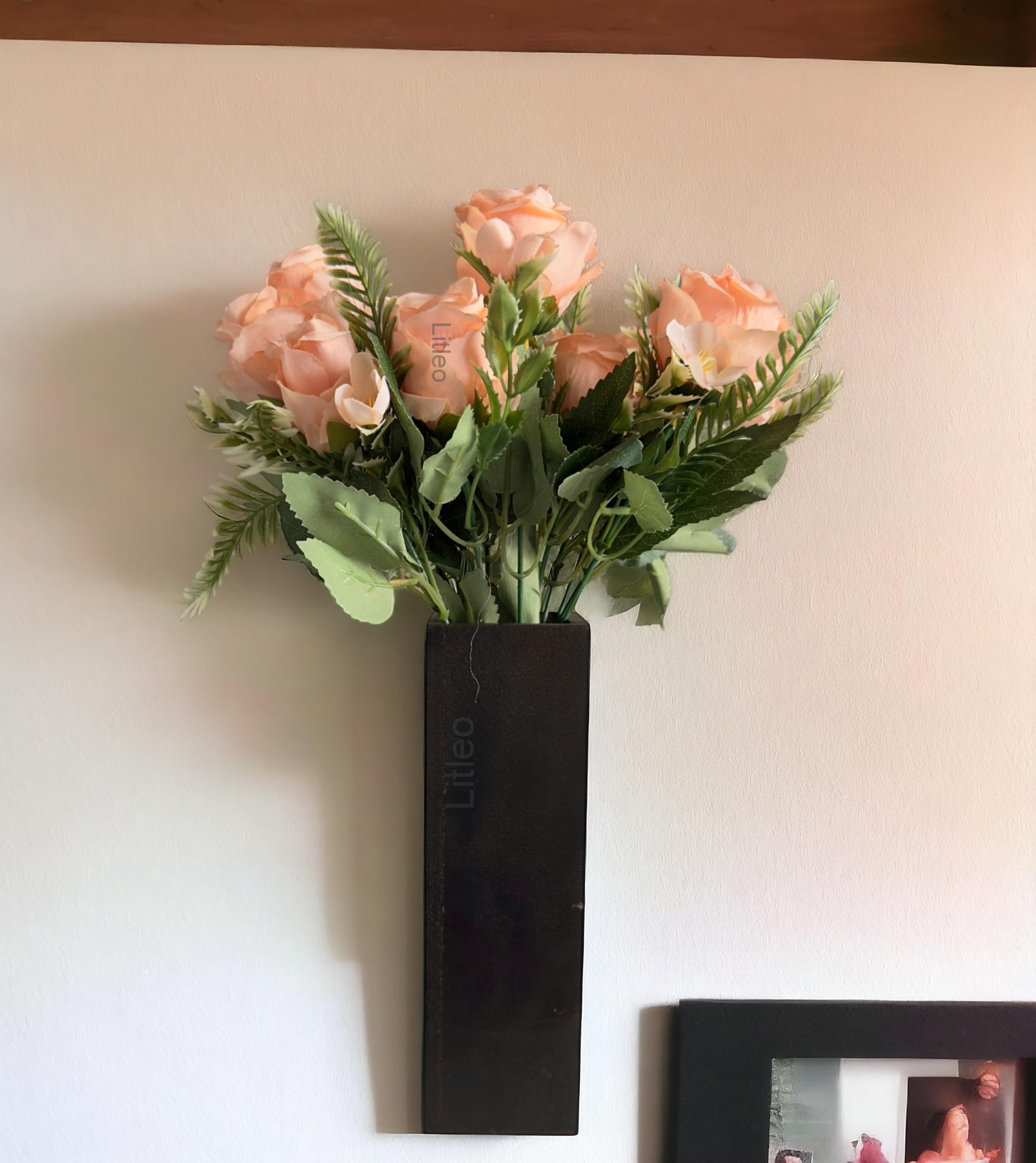 Litleo Wall Mounted Wooden Vase with Flower, Black, Use it as Table Vase or Wall Comes with Flowers (Light Orange)-image-25