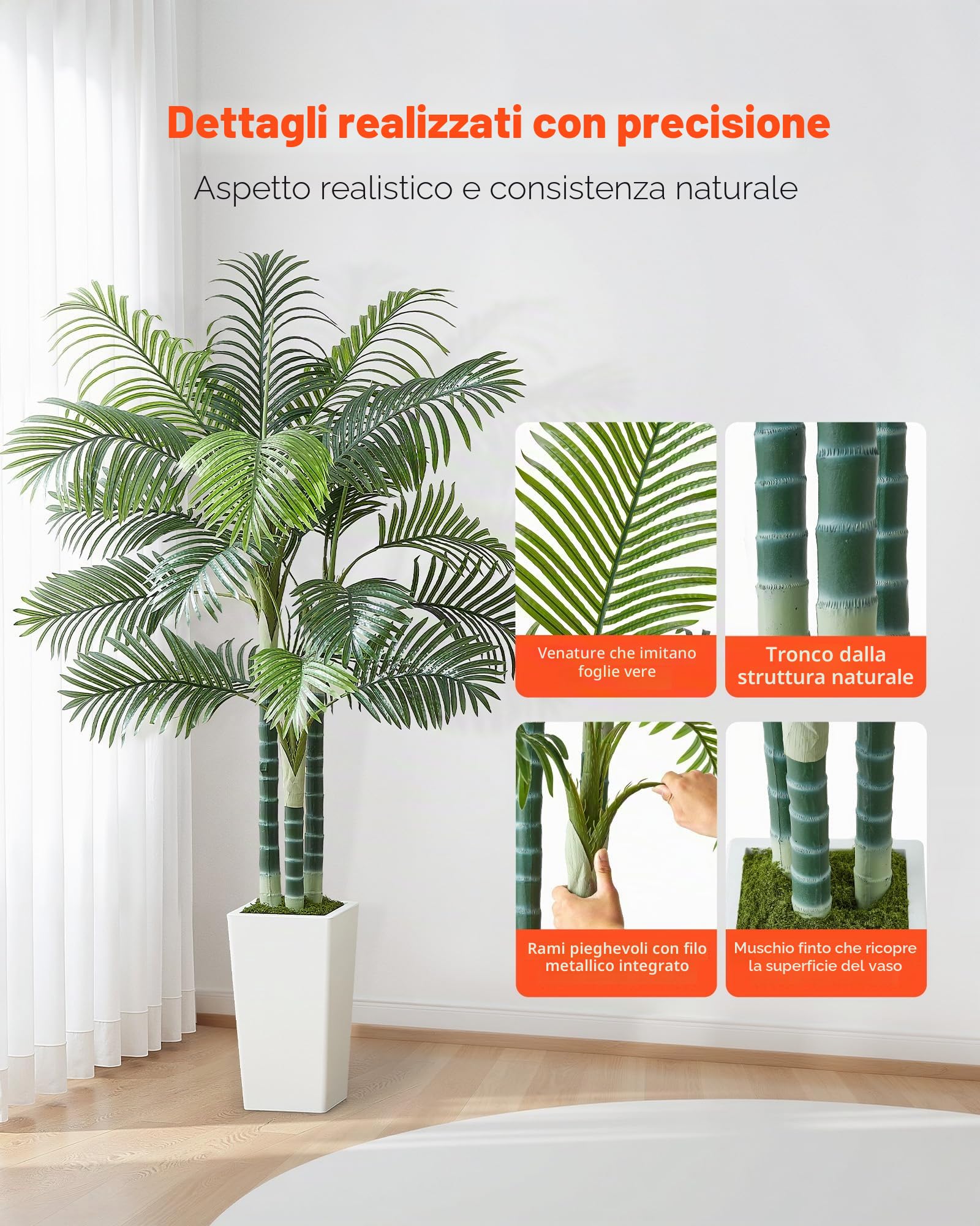 VEVOR Palma Areca Artificiale 1829 mm, Pianta Tropicale Finta con Fioriera Bianca Alta, Pianta Finta in Seta da Pavimento in Vaso, Grandi Alberi per Casa, Ufficio, Soggiorno, Interno ed Esterno