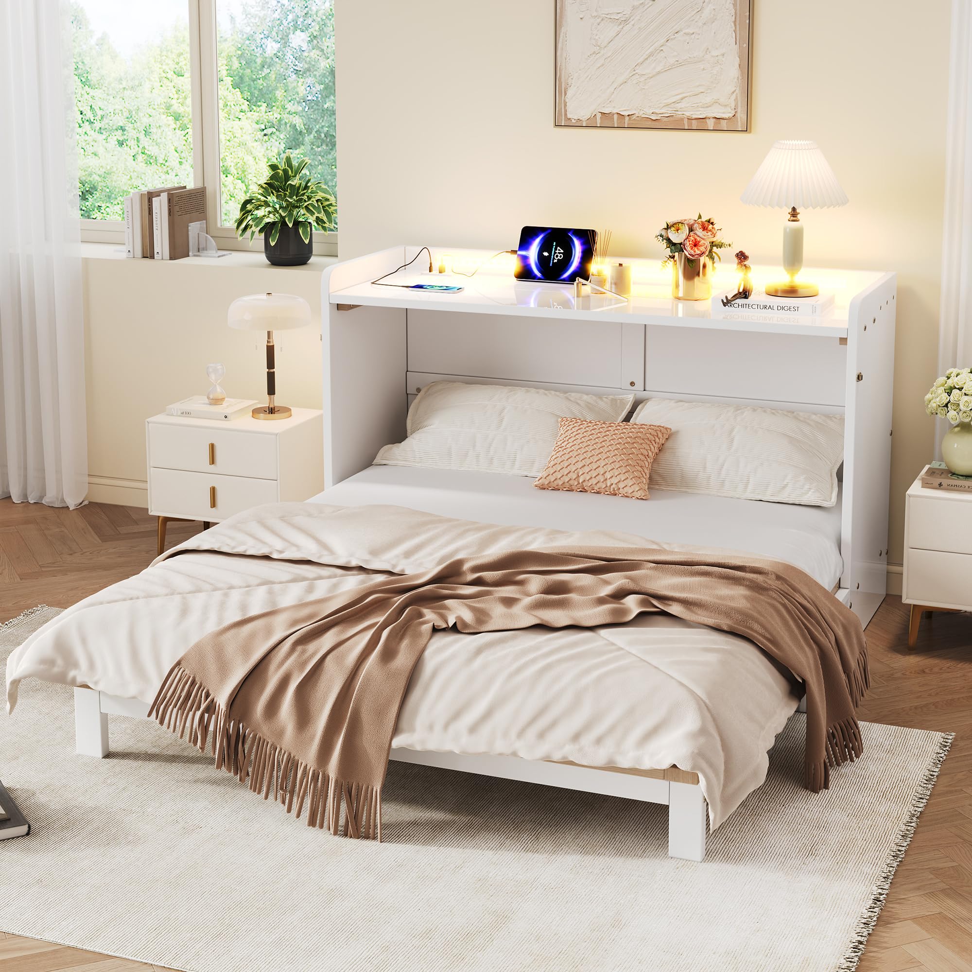 Armario cama, 140 x 200 cm, debajo de la cama se encuentran cajones, con USB y enchufe, barra de luz LED, con placa brillante, cama con plataforma transformable, sin colchón, blanco (140 x 200 cm