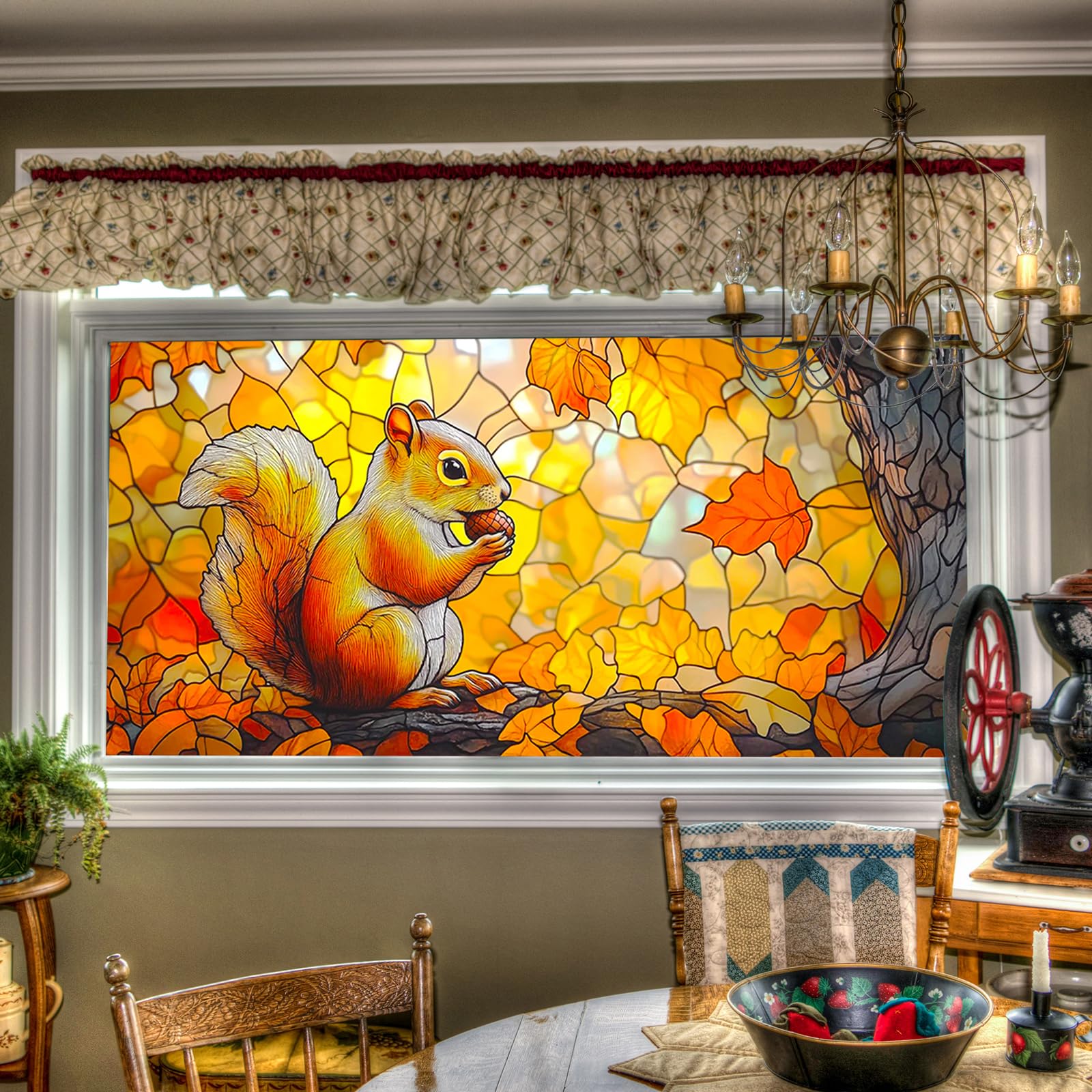 HOMETITUTE Fall Squirrel Window Cling Autumn Window Sticker Static Cling Windows Privacy Film 39.37x17.72 Inch Horizontal Glass Windows Decal for Living Room Kitchen School Thanksgiving Decor