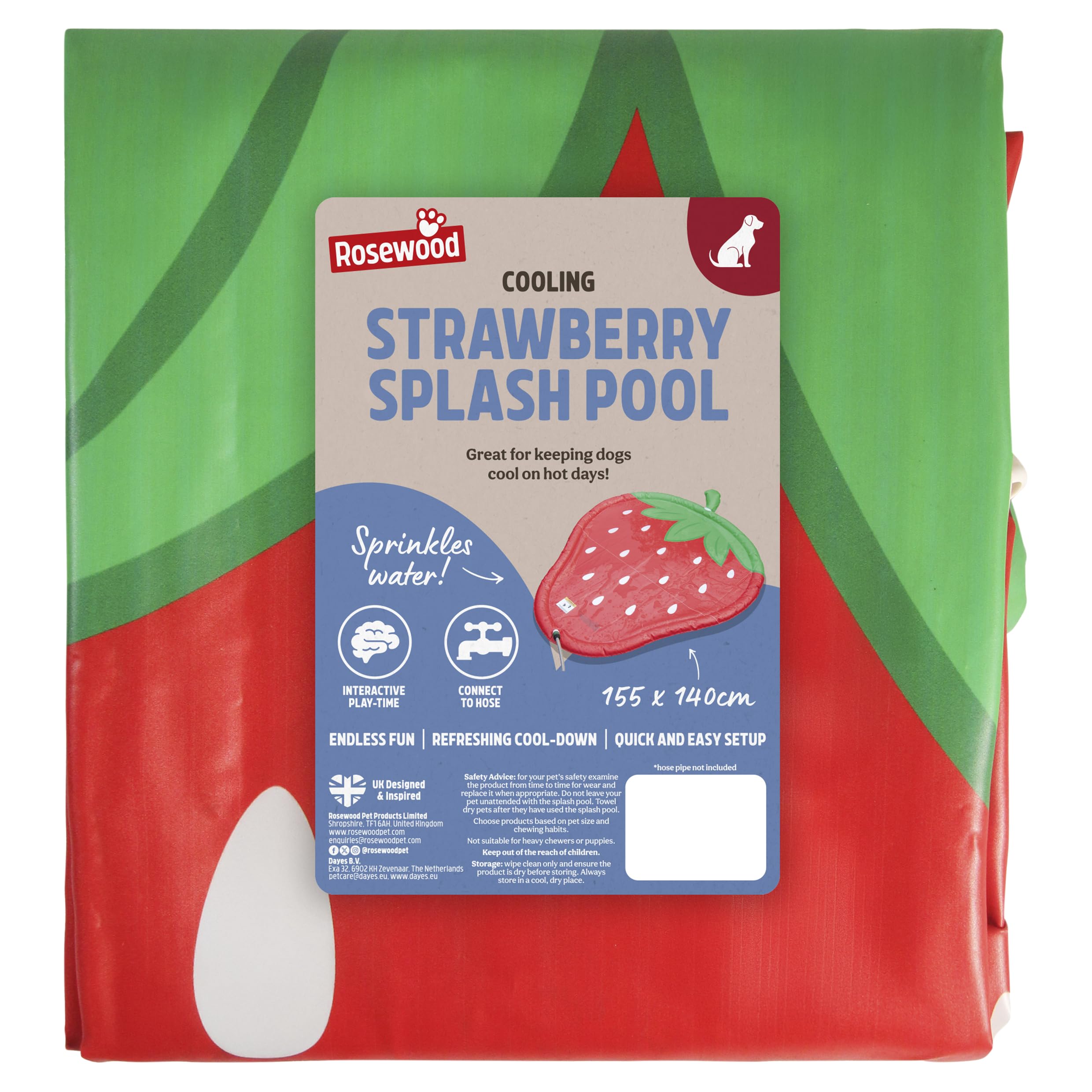 Rosewood Cooling Strawberry Splash Mat for Dogs - Outdoor Sprinkler and Pool for Dogs, Easy to Use, Simply Attach to Your Hose Pipe for Summer Cooling Fun, 155 x 140cm